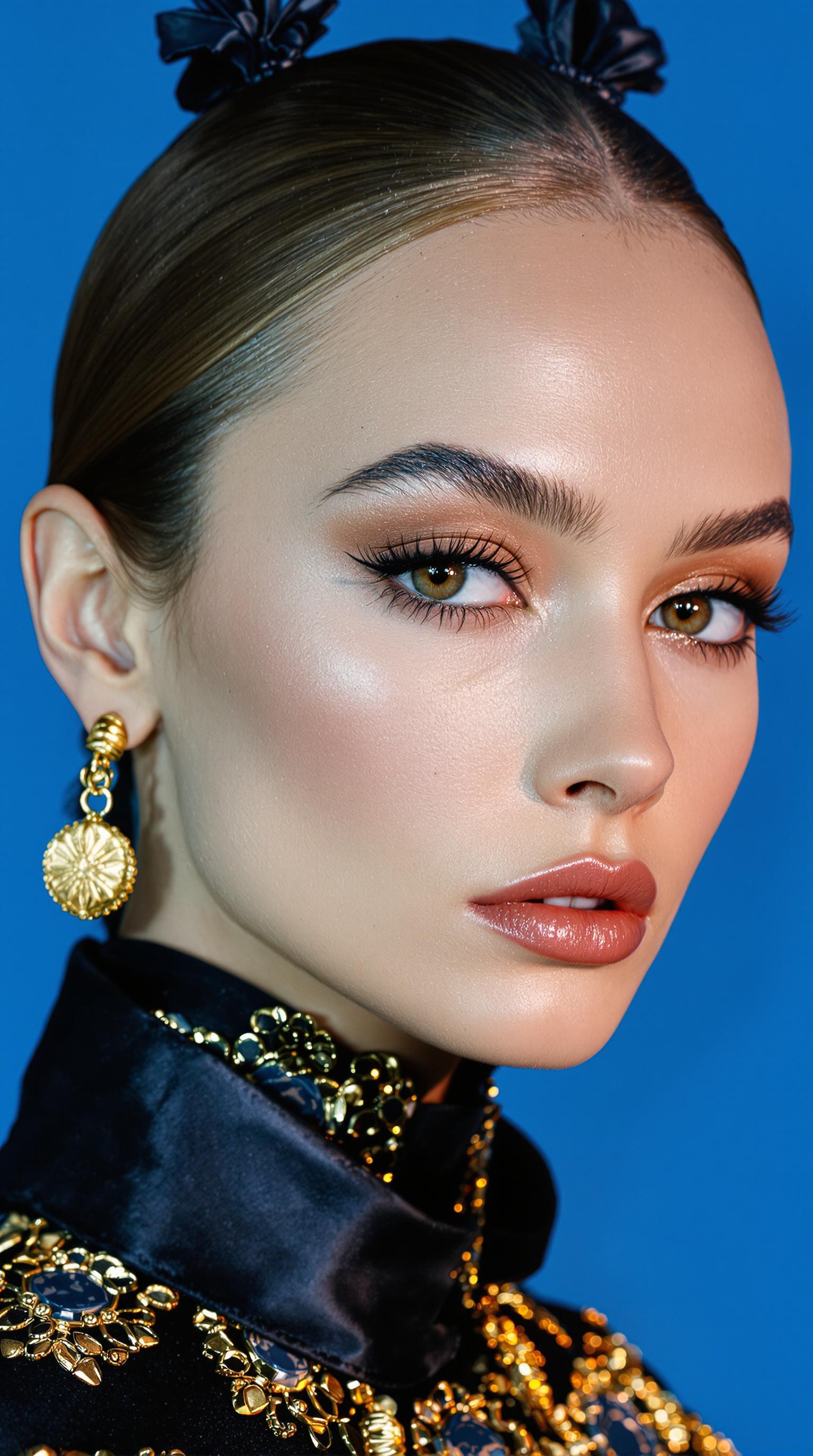 C0001.R3D: Authentic shot of a top model, professional photoshoot for Vogue Magazine, a bright blue background, with exquisite details, mixed textures of black and gold. Featuring ultra luxury fashion. Simple, yet elegant hairstyles, designer brands with a luxury aesthetic. Tom Ford style designs, stylish and high-end atmosphere