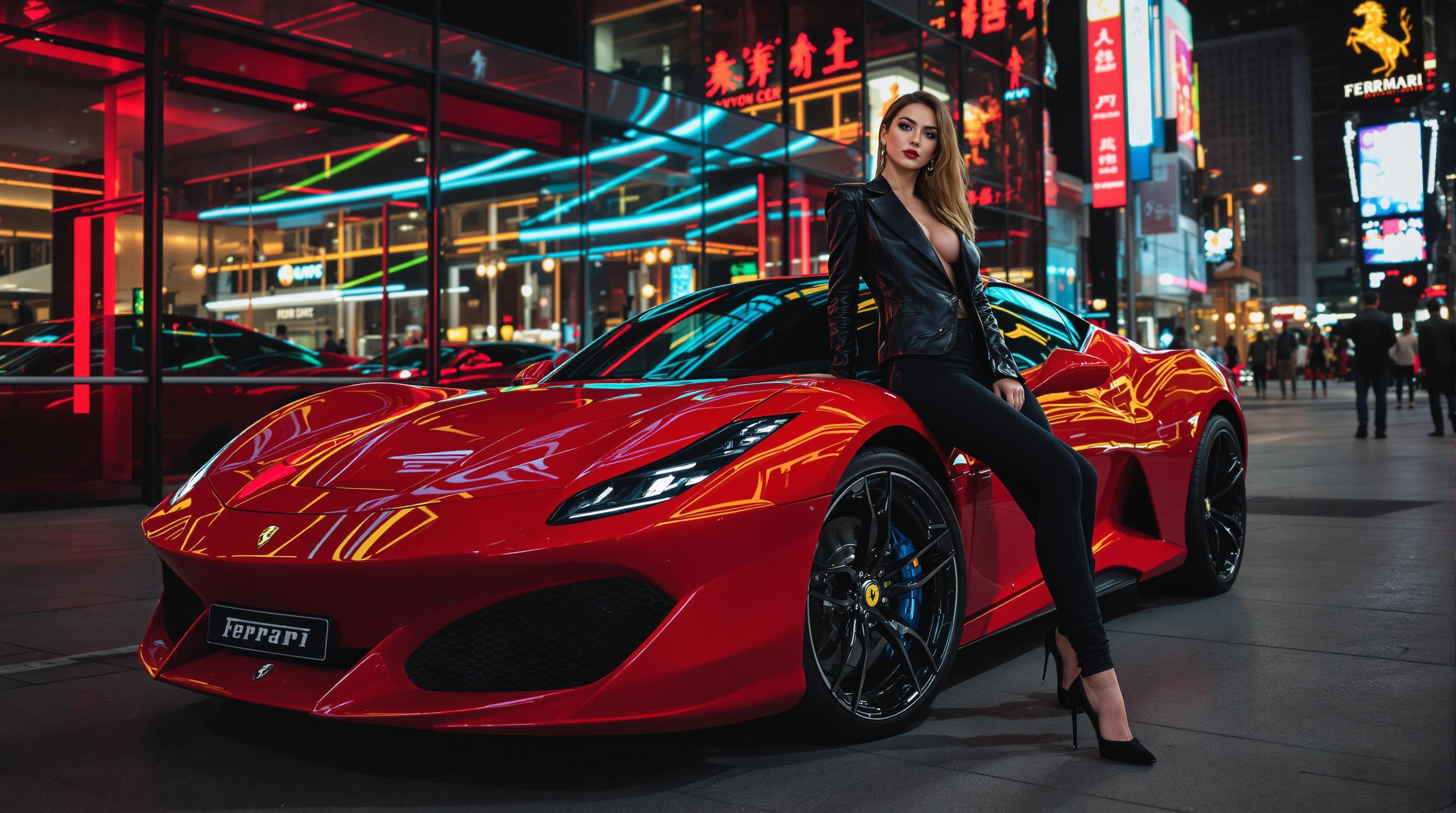A 23-year-old model in a tailored leather jacket, skinny jeans, and stiletto heels, leaning casually against a bright red Ferrari SF90 Stradale in a modern urban setting. Photographed with a Sony A1 and a 50mm f/1.4 GM lens, capturing crisp details and vibrant colors. Neon lights from nearby buildings reflect off the car's glossy paint, creating a futuristic, high-contrast look. Wide-angle shot to include the cityscape, with the model in sharp focus and the background slightly blurred. Ultra-realistic, professional photoshoot style, magazine-worthy, 8K resolution