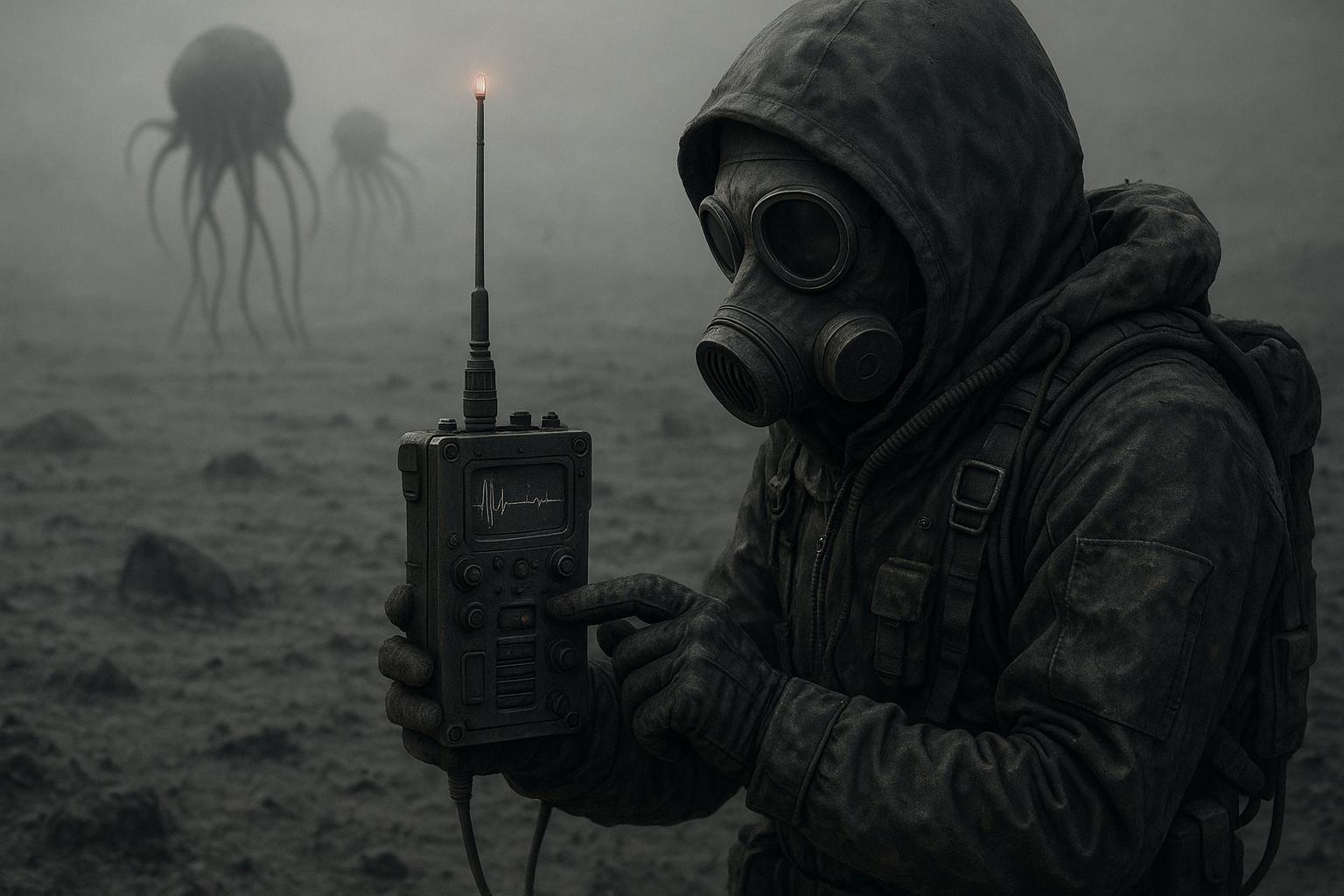 The Static Shot: Close up shot, In a barren and mute ashen world, a lone survivor communicates with the distant creatures using an futuristic devices, 8K, highly detailed