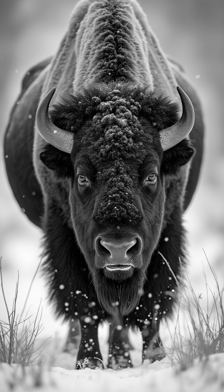 bison in the snowy wild in the style of David Yarrow. Editorial style photography, National Geographic photography.
Grayscale. 
