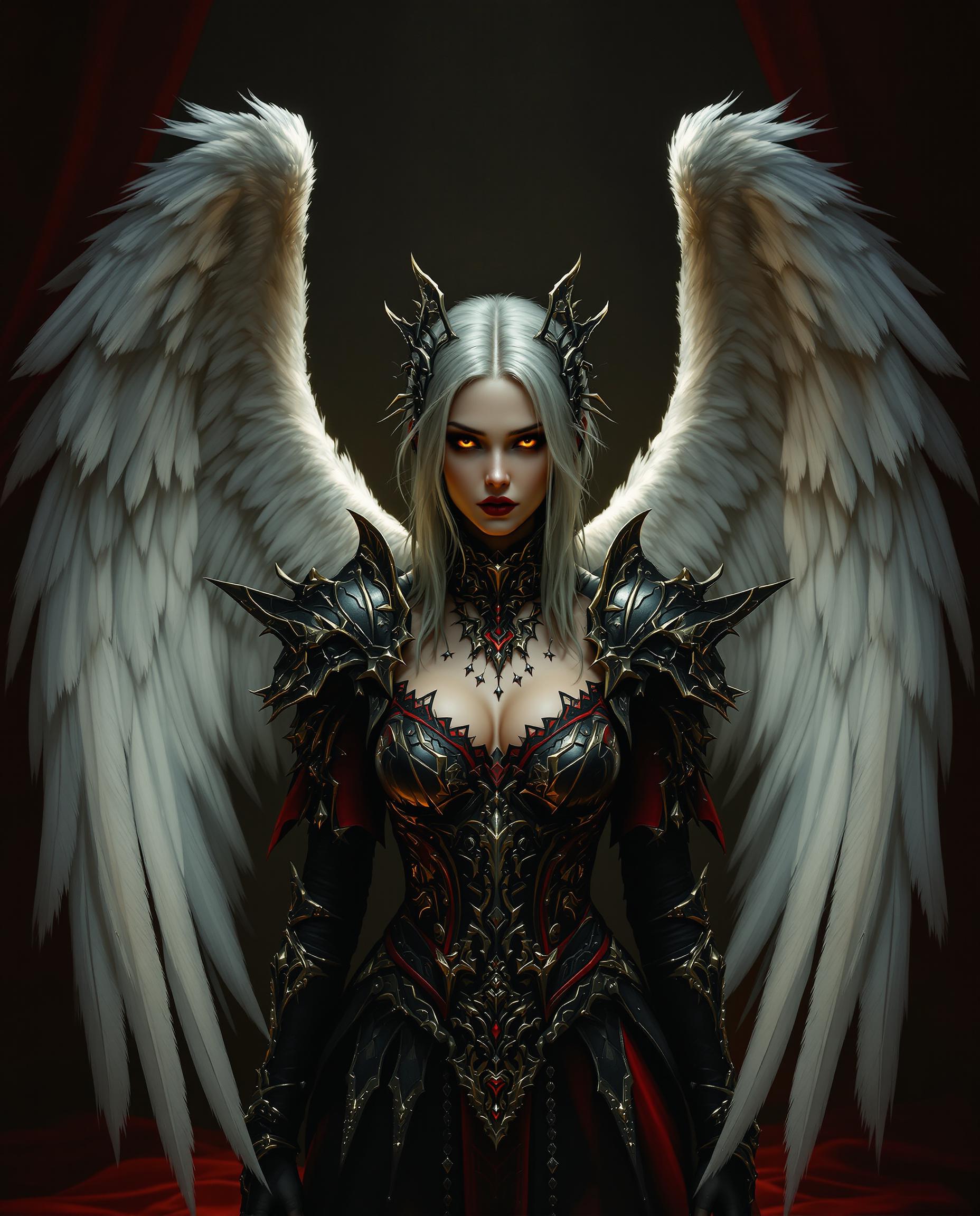 This image is a realistic photo (photograph) of a female real person digital artwork that showcases a figure with angelic wings, dressed in a richly detailed, gothic inspired outfit. Lets analyze the artistic elements Composition The figure is centrally placed, which is a common compositional technique that draws the viewers eye directly to the subject. The wings are positioned to frame the figure, creating a sense of enclosure and adding to the mystique of the character. The intricate details of the clothing and armor are placed in a way that they are visible and draw attention, while the background is blurred to keep the focus on the figure. The use of perspective is subtle, with the figure appearing to be in a room with a depth that is suggested rather than explicitly defined. Lighting The lighting in the image is dramatic and moody, with a focus on the figure and the wings. The light sources are not clearly defined, but they create highlights and shadows that give the figure and the wings a three dimensional quality. The lighting accentuates the textures and details of the clothing and armor, making them stand out against the darker background. The overall lighting scheme evokes a sense of fantasy and otherworldliness, fitting the gothic and angelic theme of the artwork. Style The style of the artwork is digital painting, with a high level of detail and realism. The textures and materials are rendered with great precision, giving the clothing and armor a lifelike quality. The color palette is rich and varied, with deep reds, blacks, and golds creating a dramatic and luxurious atmosphere. The influence of fantasy and gothic art is evident in the design of the wings, the style of the clothing, and the overall mood of the piece. Overall, the image is a well crafted digital artwork that combines strong composition, dramatic lighting, and a gothic fantasy style to create a compelling and visually engaging piece.