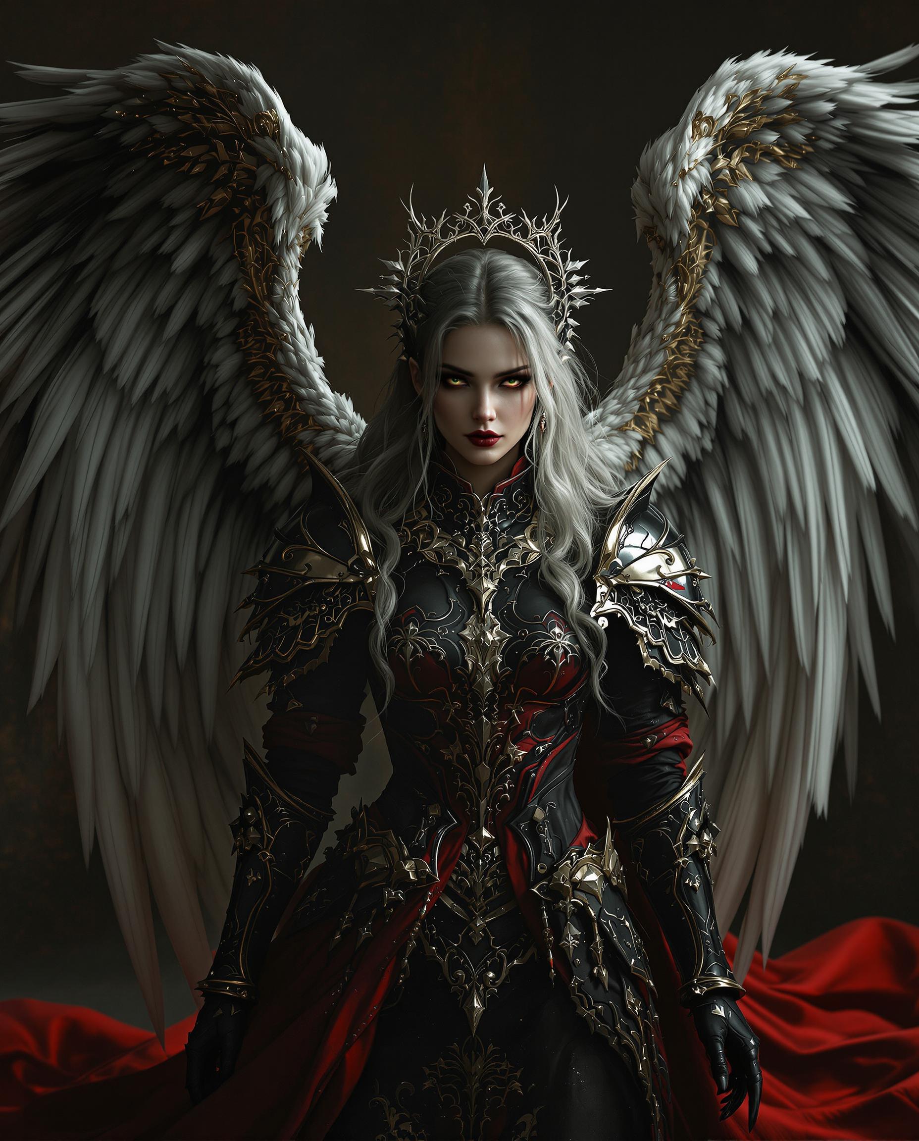 This image is a realistic photo (photograph) of a female real person digital artwork that showcases a figure with angelic wings, dressed in a richly detailed, gothic inspired outfit. Lets analyze the artistic elements Composition The figure is centrally placed, which is a common compositional technique that draws the viewers eye directly to the subject. The wings are positioned to frame the figure, creating a sense of enclosure and adding to the mystique of the character. The intricate details of the clothing and armor are placed in a way that they are visible and draw attention, while the background is blurred to keep the focus on the figure. The use of perspective is subtle, with the figure appearing to be in a room with a depth that is suggested rather than explicitly defined. Lighting The lighting in the image is dramatic and moody, with a focus on the figure and the wings. The light sources are not clearly defined, but they create highlights and shadows that give the figure and the wings a three dimensional quality. The lighting accentuates the textures and details of the clothing and armor, making them stand out against the darker background. The overall lighting scheme evokes a sense of fantasy and otherworldliness, fitting the gothic and angelic theme of the artwork. Style The style of the artwork is digital painting, with a high level of detail and realism. The textures and materials are rendered with great precision, giving the clothing and armor a lifelike quality. The color palette is rich and varied, with deep reds, blacks, and golds creating a dramatic and luxurious atmosphere. The influence of fantasy and gothic art is evident in the design of the wings, the style of the clothing, and the overall mood of the piece. Overall, the image is a well crafted digital artwork that combines strong composition, dramatic lighting, and a gothic fantasy style to create a compelling and visually engaging piece.
