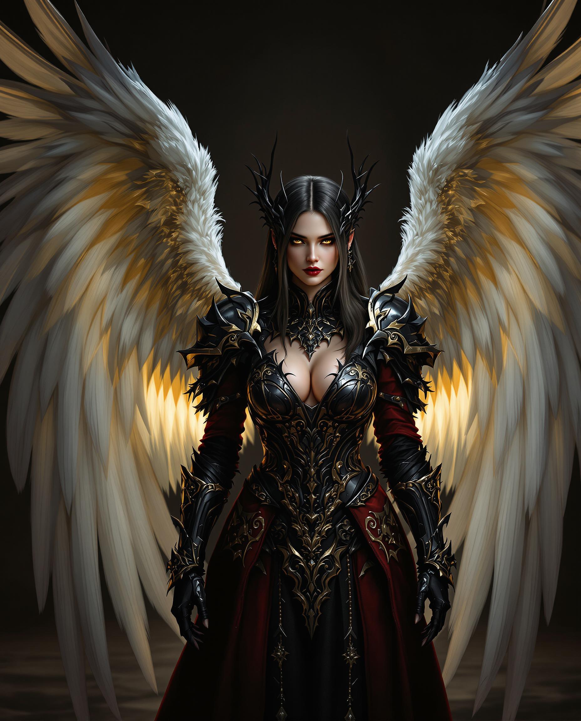 This image is a realistic photo (photograph) of a female real person digital artwork that showcases a figure with angelic wings, dressed in a richly detailed, gothic inspired outfit. Lets analyze the artistic elements Composition The figure is centrally placed, which is a common compositional technique that draws the viewers eye directly to the subject. The wings are positioned to frame the figure, creating a sense of enclosure and adding to the mystique of the character. The intricate details of the clothing and armor are placed in a way that they are visible and draw attention, while the background is blurred to keep the focus on the figure. The use of perspective is subtle, with the figure appearing to be in a room with a depth that is suggested rather than explicitly defined. Lighting The lighting in the image is dramatic and moody, with a focus on the figure and the wings. The light sources are not clearly defined, but they create highlights and shadows that give the figure and the wings a three dimensional quality. The lighting accentuates the textures and details of the clothing and armor, making them stand out against the darker background. The overall lighting scheme evokes a sense of fantasy and otherworldliness, fitting the gothic and angelic theme of the artwork. Style The style of the artwork is digital painting, with a high level of detail and realism. The textures and materials are rendered with great precision, giving the clothing and armor a lifelike quality. The color palette is rich and varied, with deep reds, blacks, and golds creating a dramatic and luxurious atmosphere. The influence of fantasy and gothic art is evident in the design of the wings, the style of the clothing, and the overall mood of the piece. Overall, the image is a well crafted digital artwork that combines strong composition, dramatic lighting, and a gothic fantasy style to create a compelling and visually engaging piece.