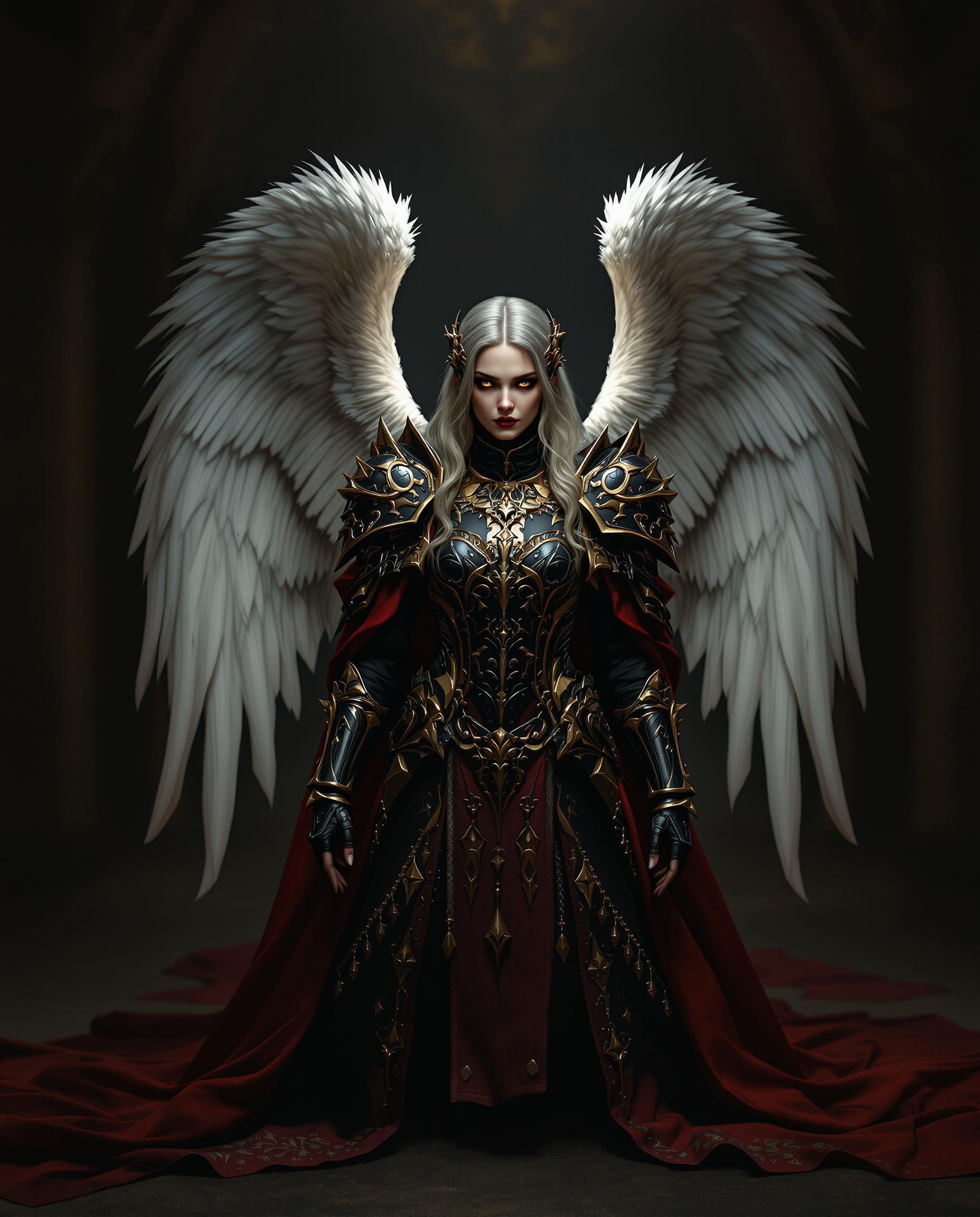 This image is a realistic photo (photograph) of a female real person digital artwork that showcases a figure with angelic wings, dressed in a richly detailed, gothic inspired outfit. Lets analyze the artistic elements Composition The figure is centrally placed, which is a common compositional technique that draws the viewers eye directly to the subject. The wings are positioned to frame the figure, creating a sense of enclosure and adding to the mystique of the character. The intricate details of the clothing and armor are placed in a way that they are visible and draw attention, while the background is blurred to keep the focus on the figure. The use of perspective is subtle, with the figure appearing to be in a room with a depth that is suggested rather than explicitly defined. Lighting The lighting in the image is dramatic and moody, with a focus on the figure and the wings. The light sources are not clearly defined, but they create highlights and shadows that give the figure and the wings a three dimensional quality. The lighting accentuates the textures and details of the clothing and armor, making them stand out against the darker background. The overall lighting scheme evokes a sense of fantasy and otherworldliness, fitting the gothic and angelic theme of the artwork. Style The style of the artwork is digital painting, with a high level of detail and realism. The textures and materials are rendered with great precision, giving the clothing and armor a lifelike quality. The color palette is rich and varied, with deep reds, blacks, and golds creating a dramatic and luxurious atmosphere. The influence of fantasy and gothic art is evident in the design of the wings, the style of the clothing, and the overall mood of the piece. Overall, the image is a well crafted digital artwork that combines strong composition, dramatic lighting, and a gothic fantasy style to create a compelling and visually engaging piece.