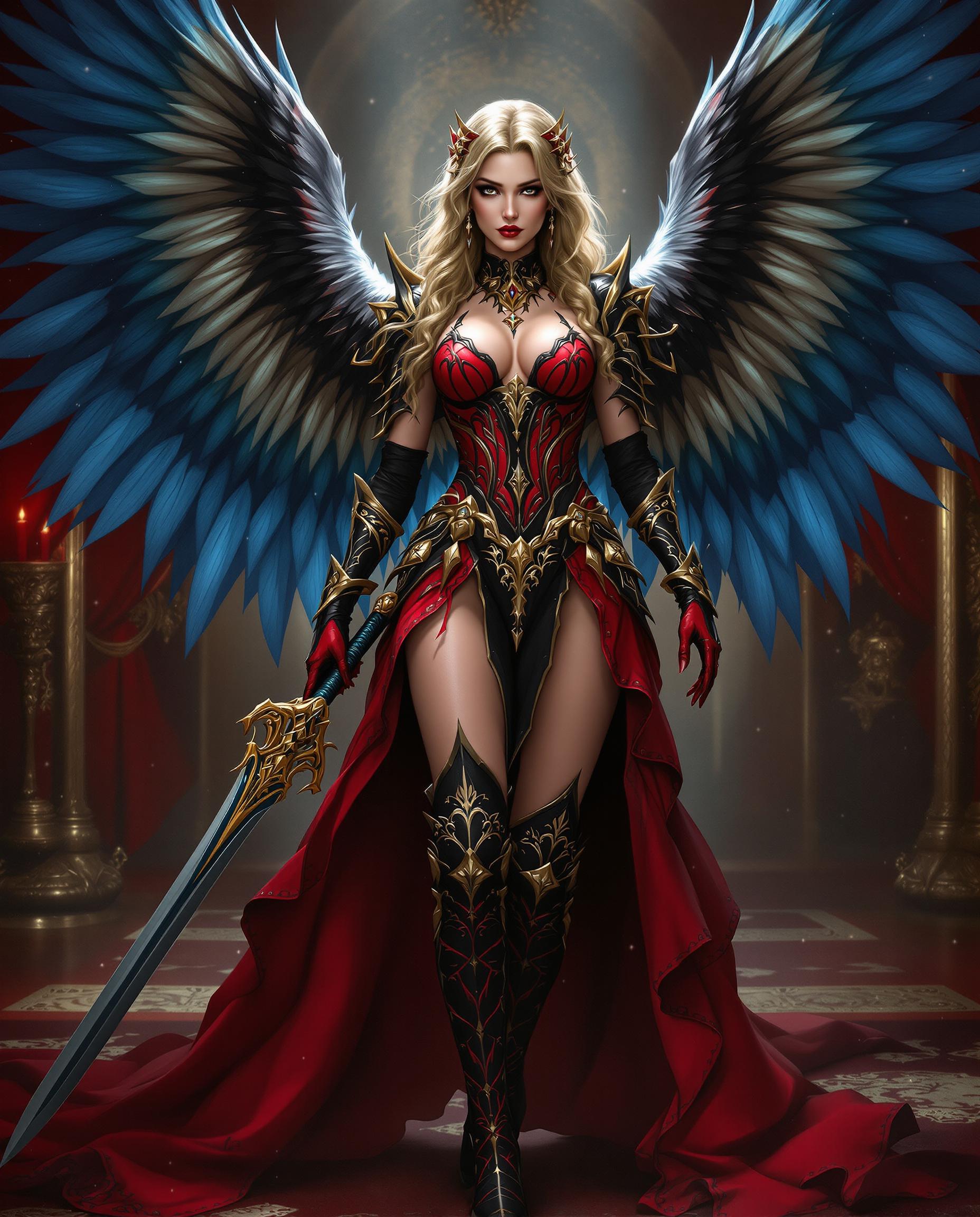 A highly detailed digital painting of a striking female character with a commanding presence, captured in a photorealistic style that emphasizes lifelike textures and three-dimensional depth. She wears an opulent fantasy costume in red and black with gold accents, featuring intricate lace, embroidery, and armor-like details, complemented by matching gloves, boots, and a sword with an ornate golden hilt, while her expansive blue-gradient feathered wings spread ethereally behind her. The dramatic scene is set in a luxurious gothic-baroque interior with rich reds, golds, and blues, enhanced by cinematic lighting that casts deep shadows and vivid highlights.