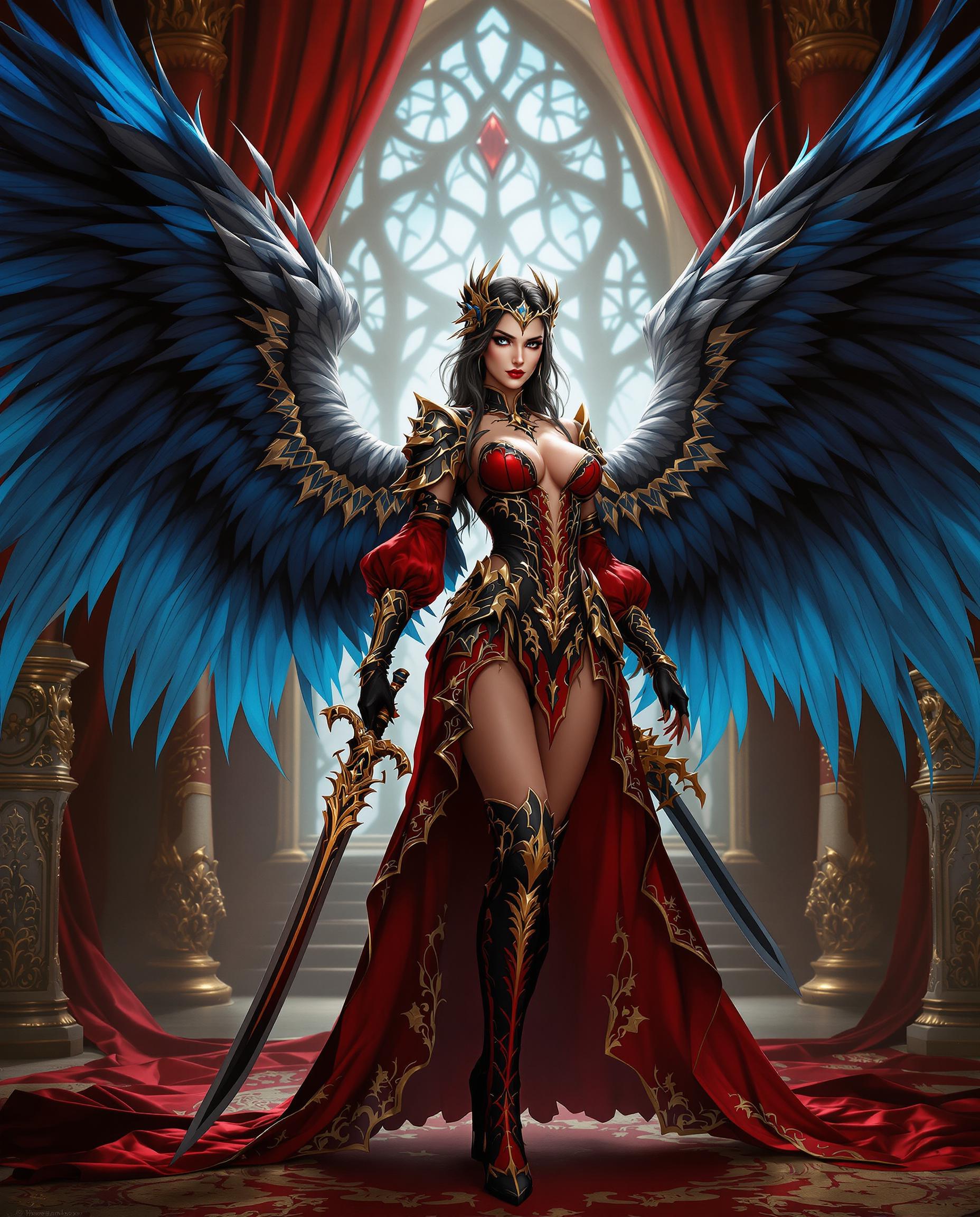 A highly detailed digital painting of a striking female character with a commanding presence, captured in a photorealistic style that emphasizes lifelike textures and three-dimensional depth. She wears an opulent fantasy costume in red and black with gold accents, featuring intricate lace, embroidery, and armor-like details, complemented by matching gloves, boots, and a sword with an ornate golden hilt, while her expansive blue-gradient feathered wings spread ethereally behind her. The dramatic scene is set in a luxurious gothic-baroque interior with rich reds, golds, and blues, enhanced by cinematic lighting that casts deep shadows and vivid highlights.