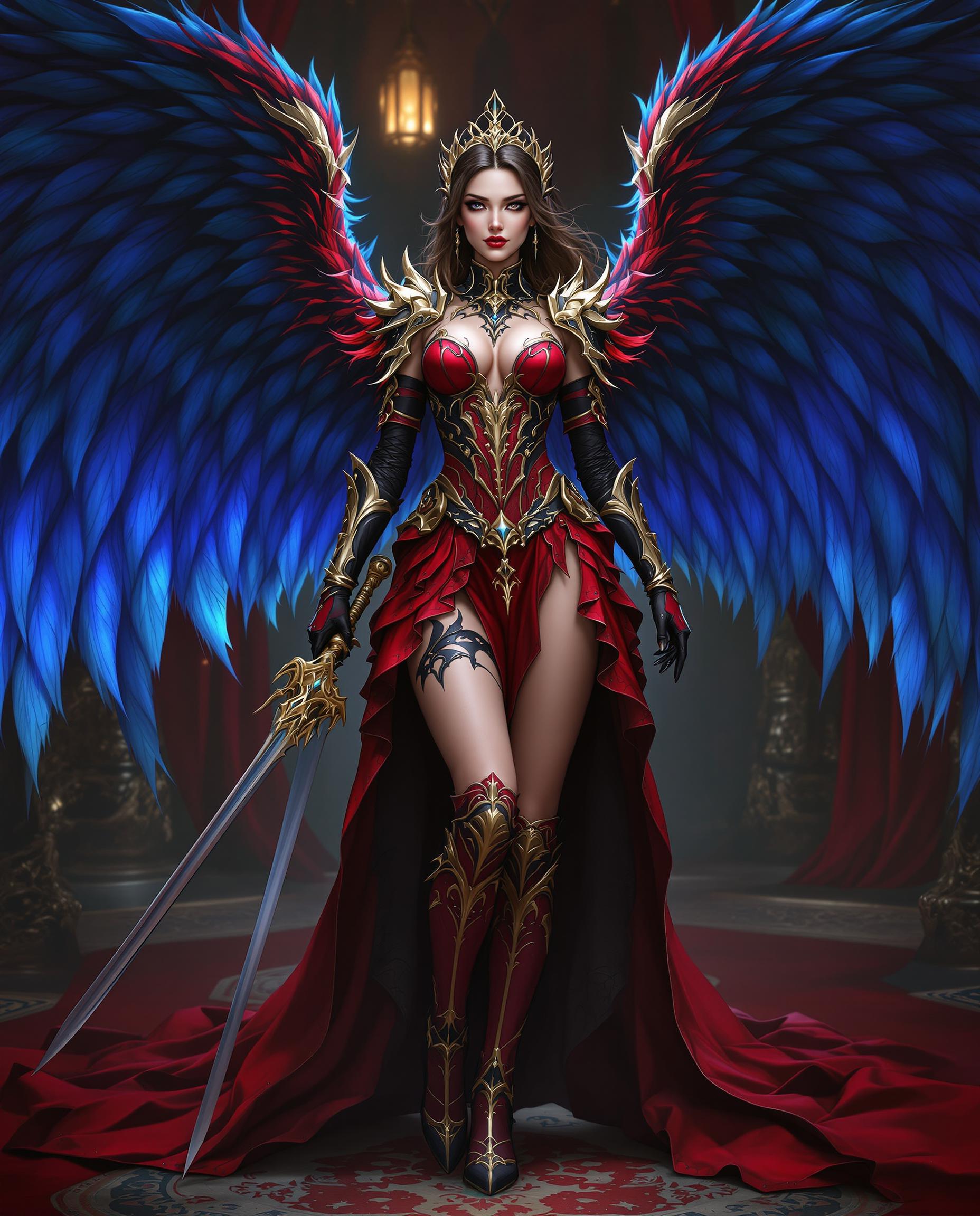 A highly detailed digital painting of a striking female character with a commanding presence, captured in a photorealistic style that emphasizes lifelike textures and three-dimensional depth. She wears an opulent fantasy costume in red and black with gold accents, featuring intricate lace, embroidery, and armor-like details, complemented by matching gloves, boots, and a sword with an ornate golden hilt, while her expansive blue-gradient feathered wings spread ethereally behind her. The dramatic scene is set in a luxurious gothic-baroque interior with rich reds, golds, and blues, enhanced by cinematic lighting that casts deep shadows and vivid highlights.