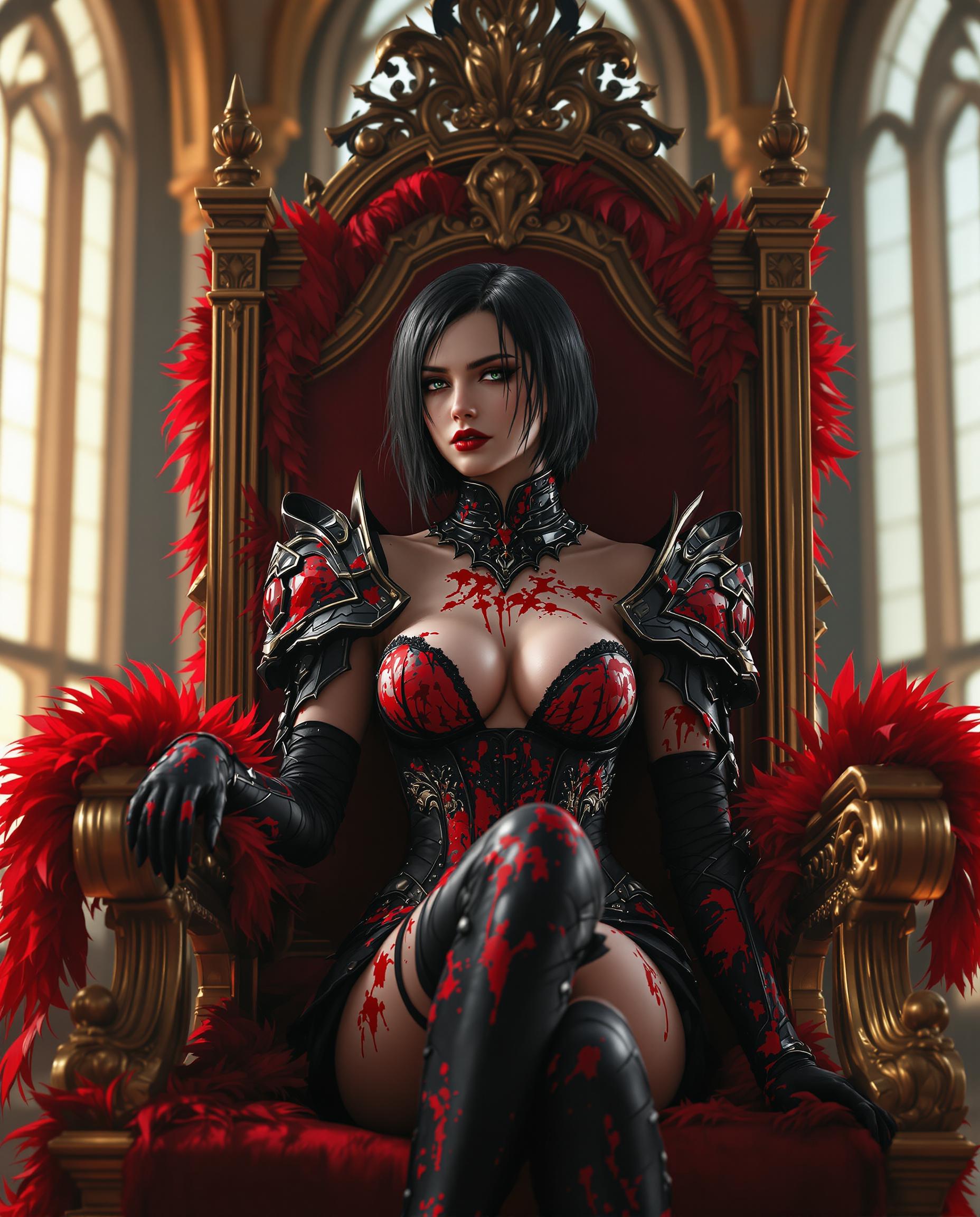 This image is a realistic photo (photograph) of a female real person digital artwork that presents a figure seated on an ornate, gilded throne. The throne itself is richly detailed with intricate carvings and scrollwork, and its adorned with red feathers that cascade down its backrest and armrests. The throne is placed in a room with high, arched ceilings and large windows that allow a soft, diffused light to filter in, casting a warm glow on the scene. The figure is clad in a black and red outfit that features elaborate armorlike designs with a gothic influence. The armor is detailed with lacelike patterns and has a bloodlike red splatter design that gives the impression of battle damage or a dramatic effect. The figures attire includes a corset style bodice with a plunging neckline, a fitted black skirt, and thigh high boots that are similarly adorned with the red splatter pattern. The figures hair is short and dark, with a few strands falling around the face, and the hair appears to be wet or slicked back, giving it a glossy finish. The figures expression is neutral, with a slight frown and a gaze directed away from the viewer, which, along with the overall posture, conveys a sense of regal composure or contemplation. The art style is highly stylized and appears to be a blend of fantasy and gothic elements, with a focus on dramatic lighting and shadow to create a sense of depth and drama. The medium seems to be a digital rendering, given the smooth gradients and seamless blending of colors and textures. The colors in the image are rich and vibrant, with deep reds, blacks, and golds creating a striking contrast. The reds are particularly prominent, from the throne feathers to the armor splatters, and they stand out against the dark tones of the figures clothing and the golden accents of the throne. Overall, the image exudes a sense of power, mystery, and regal elegance, with a strong emphasis on the dramatic interplay of light and shadow, and a detailed attention to the textures and patterns of the clothing and throne.