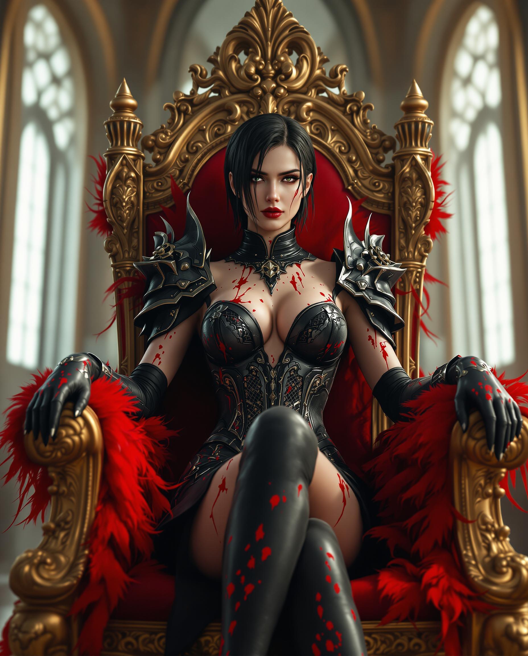 This image is a realistic photo (photograph) of a female real person digital artwork that presents a figure seated on an ornate, gilded throne. The throne itself is richly detailed with intricate carvings and scrollwork, and its adorned with red feathers that cascade down its backrest and armrests. The throne is placed in a room with high, arched ceilings and large windows that allow a soft, diffused light to filter in, casting a warm glow on the scene. The figure is clad in a black and red outfit that features elaborate armorlike designs with a gothic influence. The armor is detailed with lacelike patterns and has a bloodlike red splatter design that gives the impression of battle damage or a dramatic effect. The figures attire includes a corset style bodice with a plunging neckline, a fitted black skirt, and thigh high boots that are similarly adorned with the red splatter pattern. The figures hair is short and dark, with a few strands falling around the face, and the hair appears to be wet or slicked back, giving it a glossy finish. The figures expression is neutral, with a slight frown and a gaze directed away from the viewer, which, along with the overall posture, conveys a sense of regal composure or contemplation. The art style is highly stylized and appears to be a blend of fantasy and gothic elements, with a focus on dramatic lighting and shadow to create a sense of depth and drama. The medium seems to be a digital rendering, given the smooth gradients and seamless blending of colors and textures. The colors in the image are rich and vibrant, with deep reds, blacks, and golds creating a striking contrast. The reds are particularly prominent, from the throne feathers to the armor splatters, and they stand out against the dark tones of the figures clothing and the golden accents of the throne. Overall, the image exudes a sense of power, mystery, and regal elegance, with a strong emphasis on the dramatic interplay of light and shadow, and a detailed attention to the textures and patterns of the clothing and throne.