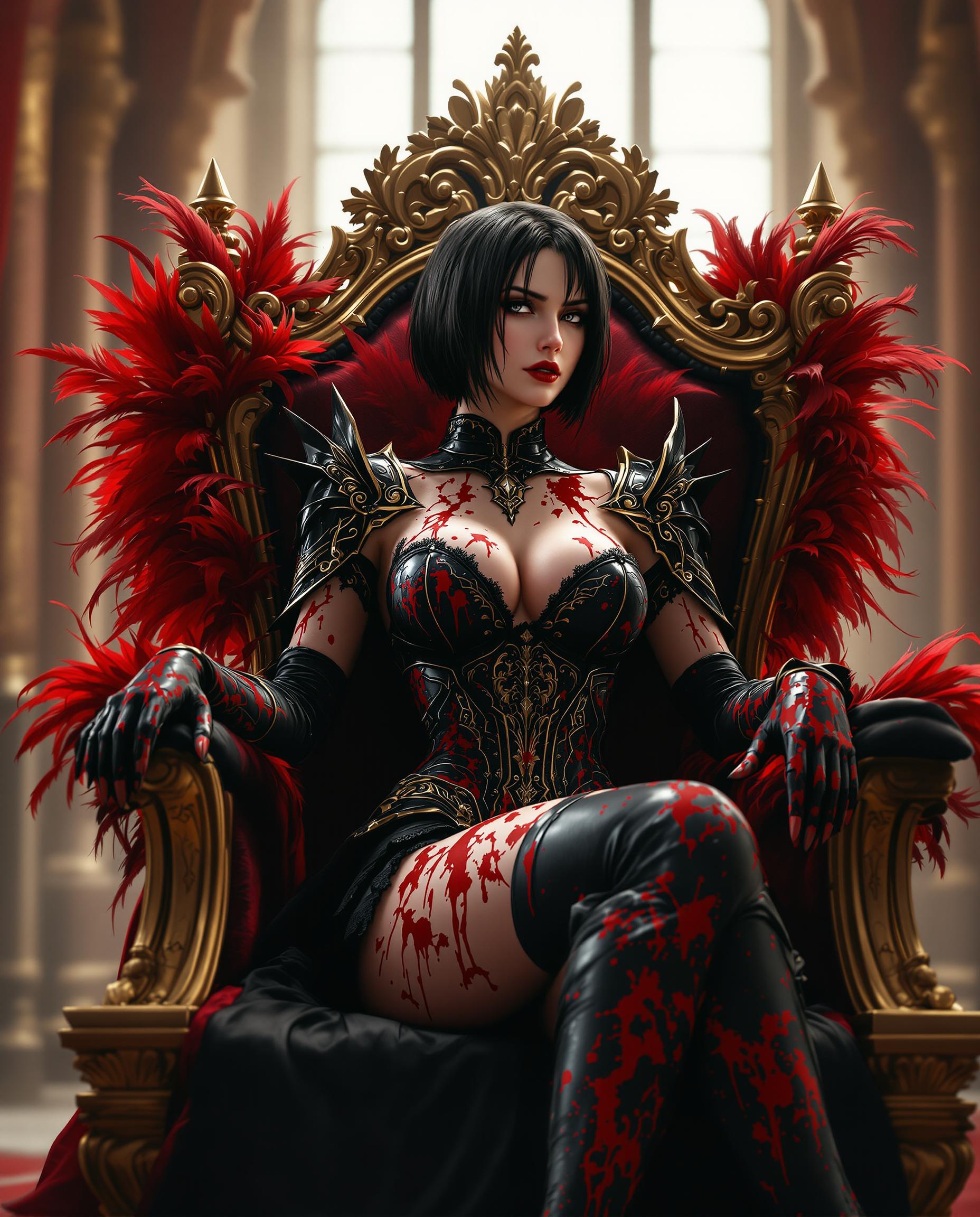 This image is a realistic photo (photograph) of a female real person digital artwork that presents a figure seated on an ornate, gilded throne. The throne itself is richly detailed with intricate carvings and scrollwork, and its adorned with red feathers that cascade down its backrest and armrests. The throne is placed in a room with high, arched ceilings and large windows that allow a soft, diffused light to filter in, casting a warm glow on the scene. The figure is clad in a black and red outfit that features elaborate armorlike designs with a gothic influence. The armor is detailed with lacelike patterns and has a bloodlike red splatter design that gives the impression of battle damage or a dramatic effect. The figures attire includes a corset style bodice with a plunging neckline, a fitted black skirt, and thigh high boots that are similarly adorned with the red splatter pattern. The figures hair is short and dark, with a few strands falling around the face, and the hair appears to be wet or slicked back, giving it a glossy finish. The figures expression is neutral, with a slight frown and a gaze directed away from the viewer, which, along with the overall posture, conveys a sense of regal composure or contemplation. The art style is highly stylized and appears to be a blend of fantasy and gothic elements, with a focus on dramatic lighting and shadow to create a sense of depth and drama. The medium seems to be a digital rendering, given the smooth gradients and seamless blending of colors and textures. The colors in the image are rich and vibrant, with deep reds, blacks, and golds creating a striking contrast. The reds are particularly prominent, from the throne feathers to the armor splatters, and they stand out against the dark tones of the figures clothing and the golden accents of the throne. Overall, the image exudes a sense of power, mystery, and regal elegance, with a strong emphasis on the dramatic interplay of light and shadow, and a detailed attention to the textures and patterns of the clothing and throne.