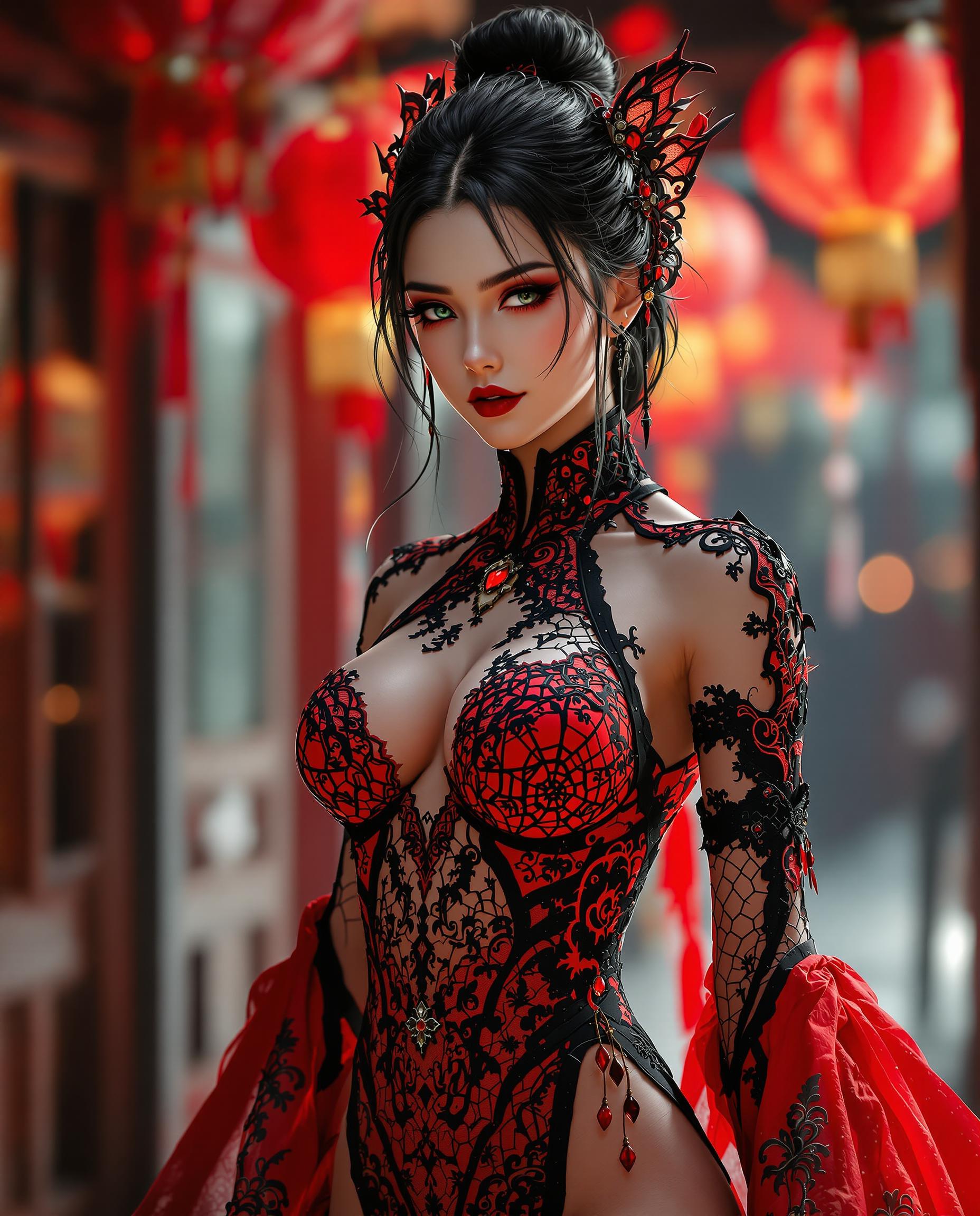 This image is a realistic photo (photograph) of a female real person digital artwork that showcases a character with a striking red and black color scheme. The character is wearing a detailed costume that features intricate lace and weblike patterns, predominantly in red with black accents. The costume has a formfitting design that highlights the characters muscular build, with lace details that add texture and dimension. The art style is highly stylized and appears to be a blend of fantasy and gothic elements. The lighting in the image is dramatic, with a focus on the character and the costume, creating a sense of depth and highlighting the textures and patterns. The background is slightly blurred, with hints of a traditional or possibly futuristic setting, with red lanterns and what appears to be a wooden structure.The medium of the artwork is digital, as evidenced by the smooth gradients and seamless blending of colors. The colors used are vibrant and saturated, with a strong emphasis on reds and blacks, which give the image a bold and dramatic feel. The reds range from bright crimson to deep maroon, while the blacks are deep and rich, providing a stark contrast that emphasizes the character and costume.Objects in the image include the characters costume, which is the focal point, and the blurred background elements, which suggest a setting or environment. The red lanterns add a cultural or festive touch, possibly indicating a celebration or a specific event. The wooden structure in the background gives a sense of an outdoor or traditional setting, which complements the characters costume.Overall, the image exudes a sense of fantasy, drama, and style, with a strong emphasis on the character and their costume. The digital art medium and the use of vibrant colors and dramatic lighting contribute to the overall aesthetic of the piece.