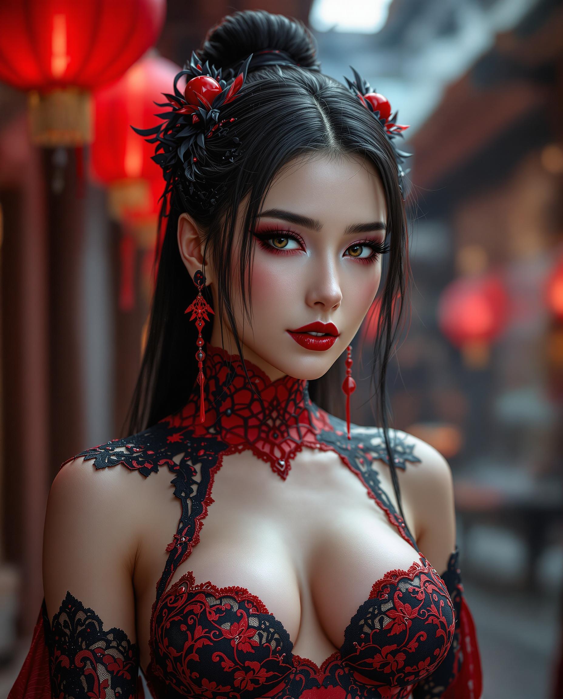 This image is a realistic photo (photograph) of a female real person digital artwork that showcases a character with a striking red and black color scheme. The character is wearing a detailed costume that features intricate lace and weblike patterns, predominantly in red with black accents. The costume has a formfitting design that highlights the characters muscular build, with lace details that add texture and dimension. The art style is highly stylized and appears to be a blend of fantasy and gothic elements. The lighting in the image is dramatic, with a focus on the character and the costume, creating a sense of depth and highlighting the textures and patterns. The background is slightly blurred, with hints of a traditional or possibly futuristic setting, with red lanterns and what appears to be a wooden structure.The medium of the artwork is digital, as evidenced by the smooth gradients and seamless blending of colors. The colors used are vibrant and saturated, with a strong emphasis on reds and blacks, which give the image a bold and dramatic feel. The reds range from bright crimson to deep maroon, while the blacks are deep and rich, providing a stark contrast that emphasizes the character and costume.Objects in the image include the characters costume, which is the focal point, and the blurred background elements, which suggest a setting or environment. The red lanterns add a cultural or festive touch, possibly indicating a celebration or a specific event. The wooden structure in the background gives a sense of an outdoor or traditional setting, which complements the characters costume.Overall, the image exudes a sense of fantasy, drama, and style, with a strong emphasis on the character and their costume. The digital art medium and the use of vibrant colors and dramatic lighting contribute to the overall aesthetic of the piece.