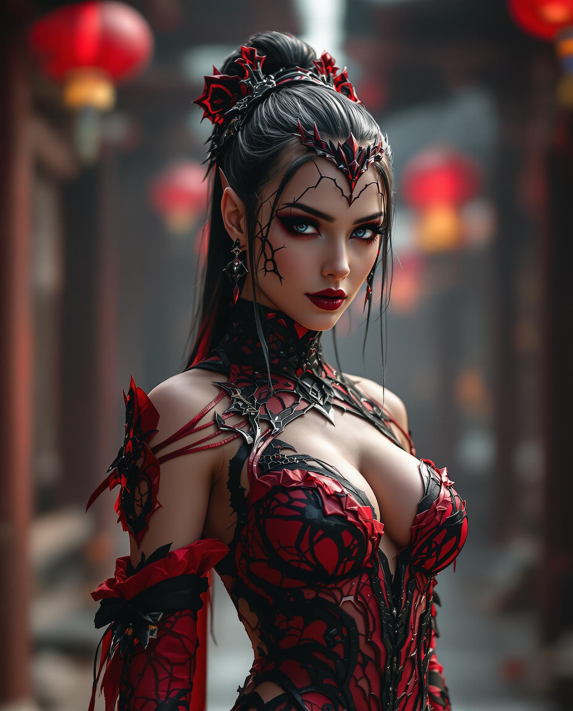 A stunning digital photograph of a female character in a striking red and black costume, blending fantasy and gothic elements with a highly stylized aesthetic. The formfitting outfit features intricate lace and weblike patterns, showcasing the character's muscular build, illuminated by dramatic cinematic lighting that enhances texture and depth in 8K detail, captured with a 50mm lens and shallow depth of field. The slightly blurred background hints at a traditional yet futuristic setting with red lanterns and wooden structures, enriching the bold, vibrant crimson and deep maroon color palette against rich black accents.