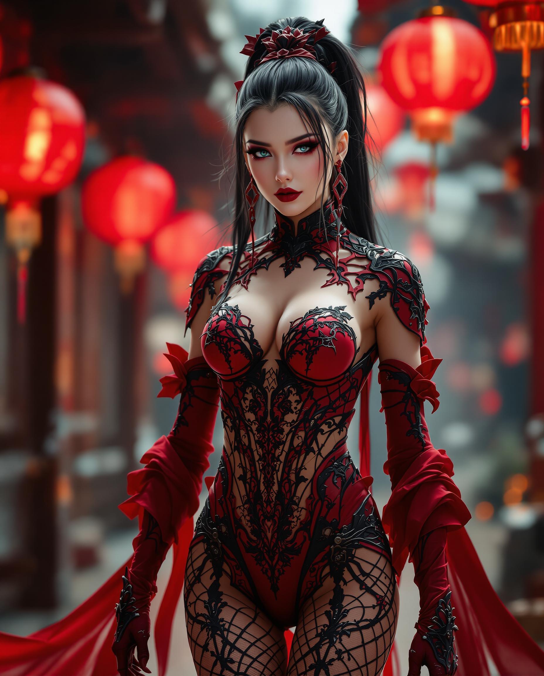 A stunning digital photograph of a female character in a striking red and black costume, blending fantasy and gothic elements with a highly stylized aesthetic. The formfitting outfit features intricate lace and weblike patterns, showcasing the character's muscular build, illuminated by dramatic cinematic lighting that enhances texture and depth in 8K detail, captured with a 50mm lens and shallow depth of field. The slightly blurred background hints at a traditional yet futuristic setting with red lanterns and wooden structures, enriching the bold, vibrant crimson and deep maroon color palette against rich black accents.