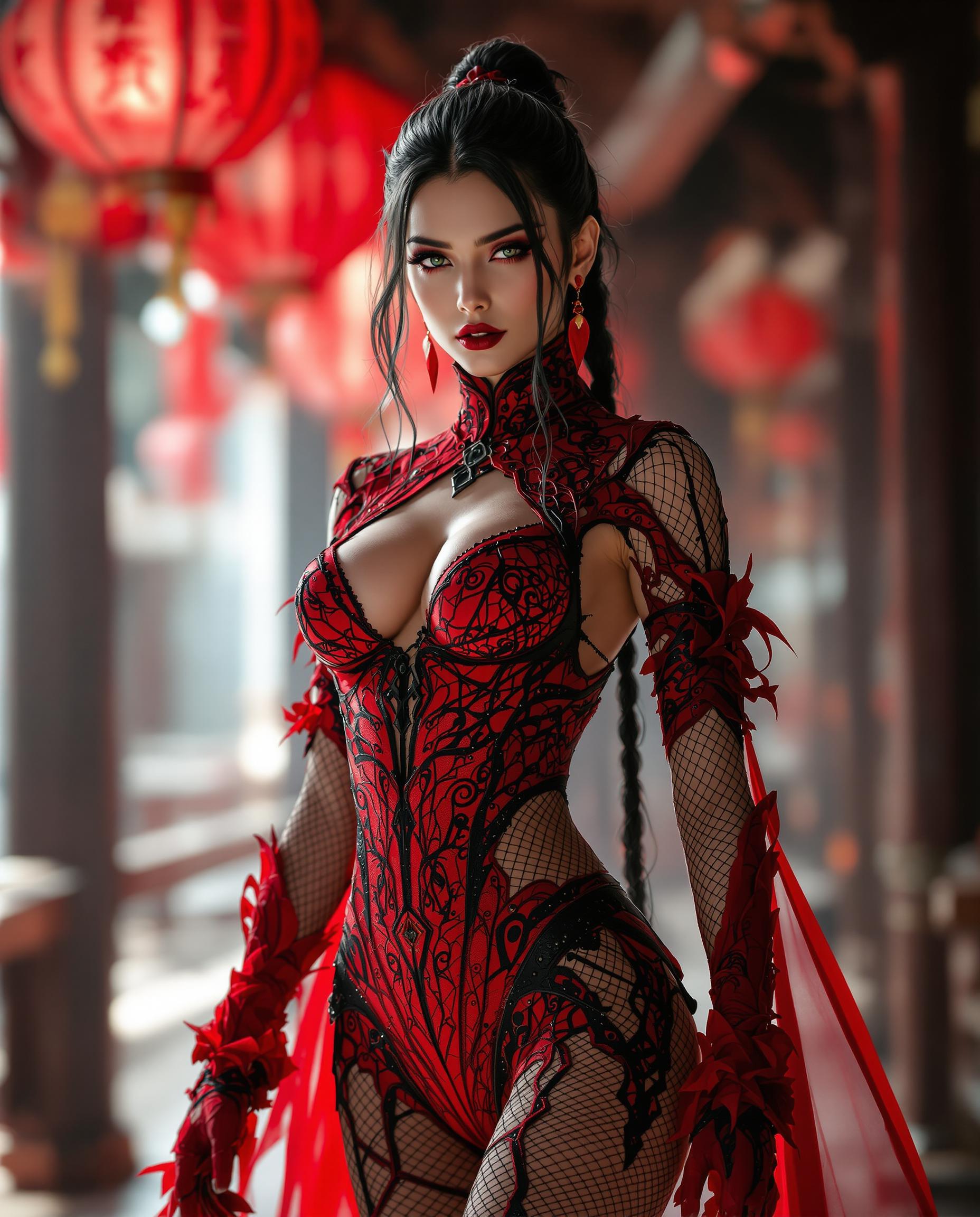 A stunning digital photograph of a female character in a striking red and black costume, blending fantasy and gothic elements with a highly stylized aesthetic. The formfitting outfit features intricate lace and weblike patterns, showcasing the character's muscular build, illuminated by dramatic cinematic lighting that enhances texture and depth in 8K detail, captured with a 50mm lens and shallow depth of field. The slightly blurred background hints at a traditional yet futuristic setting with red lanterns and wooden structures, enriching the bold, vibrant crimson and deep maroon color palette against rich black accents.