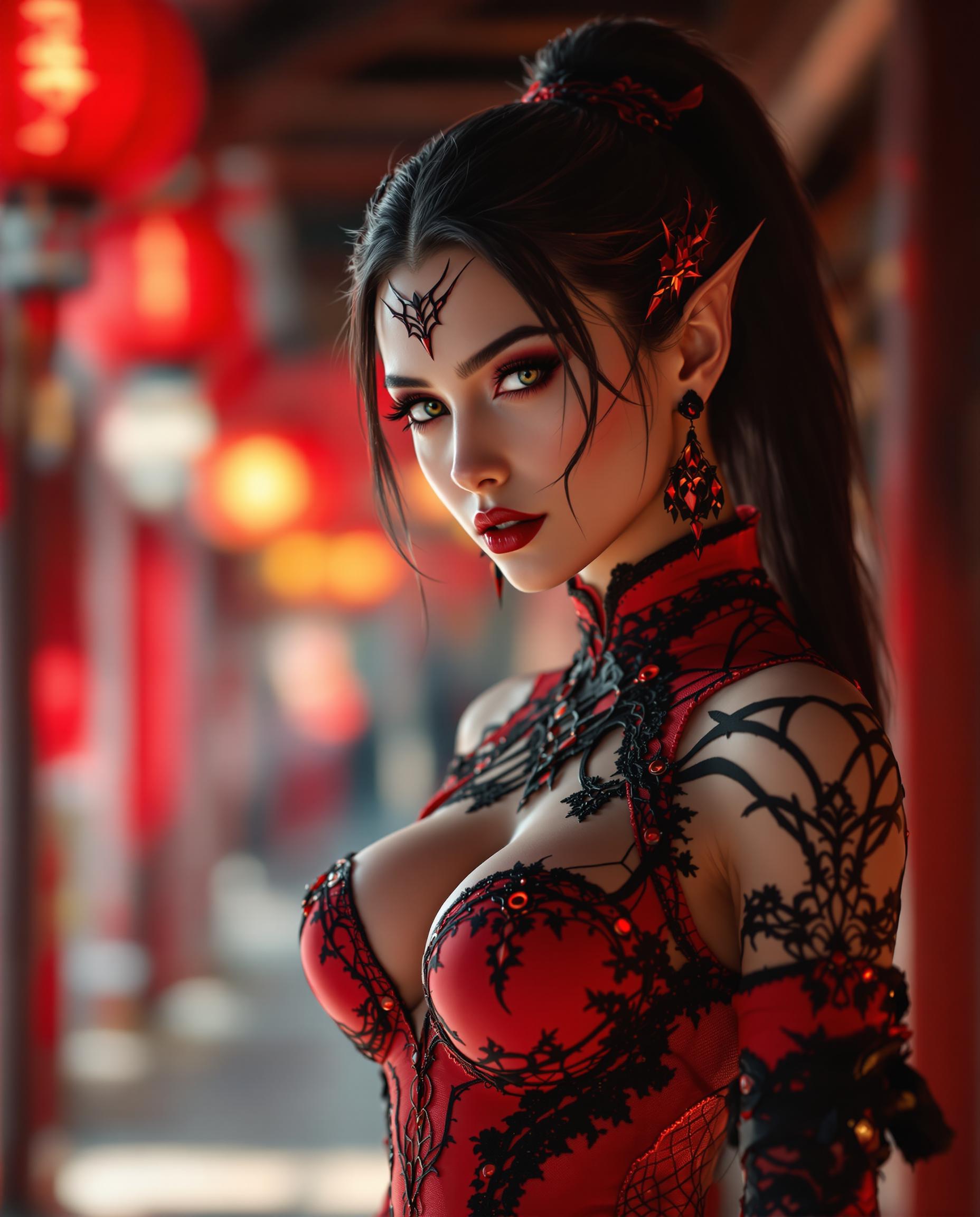 A stunning digital photograph of a female character in a striking red and black costume, blending fantasy and gothic elements with a highly stylized aesthetic. The formfitting outfit features intricate lace and weblike patterns, showcasing the character's muscular build, illuminated by dramatic cinematic lighting that enhances texture and depth in 8K detail, captured with a 50mm lens and shallow depth of field. The slightly blurred background hints at a traditional yet futuristic setting with red lanterns and wooden structures, enriching the bold, vibrant crimson and deep maroon color palette against rich black accents.