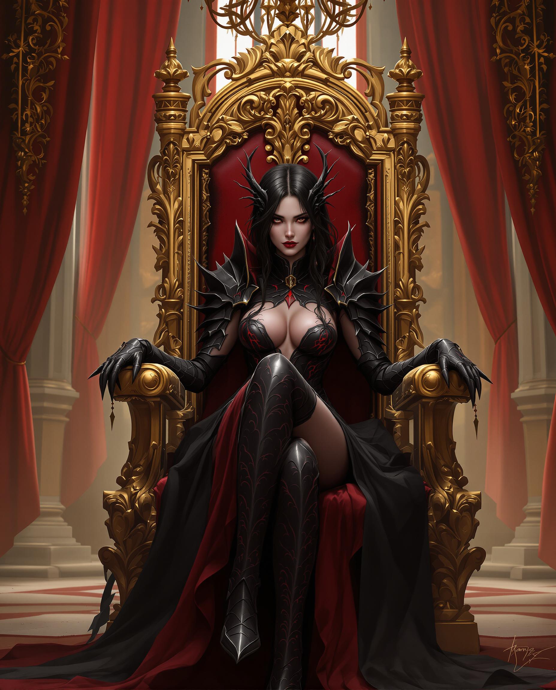 A stunning digital painting captures a female figure seated on an ornate, gilded throne, adorned with intricate carvings and scrollwork, exuding opulence with its high backrest and elaborate armrests. She wears dark, gothic armor textured with vine-like patterns and red accents, complemented by a matching bodice and a flowing cape draping over the throne, set against a dramatic palette of deep reds, blacks, and golds under soft, warm lighting. The background hints at a grand interior with tall, red-curtained windows and a chandelier, enhancing the regal, mysterious atmosphere of this fantasy-inspired scene.