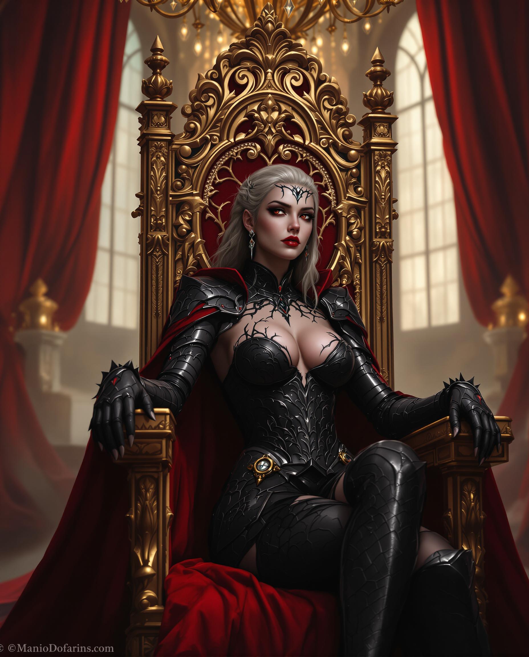 A stunning digital painting captures a female figure seated on an ornate, gilded throne, adorned with intricate carvings and scrollwork, exuding opulence with its high backrest and elaborate armrests. She wears dark, gothic armor textured with vine-like patterns and red accents, complemented by a matching bodice and a flowing cape draping over the throne, set against a dramatic palette of deep reds, blacks, and golds under soft, warm lighting. The background hints at a grand interior with tall, red-curtained windows and a chandelier, enhancing the regal, mysterious atmosphere of this fantasy-inspired scene.