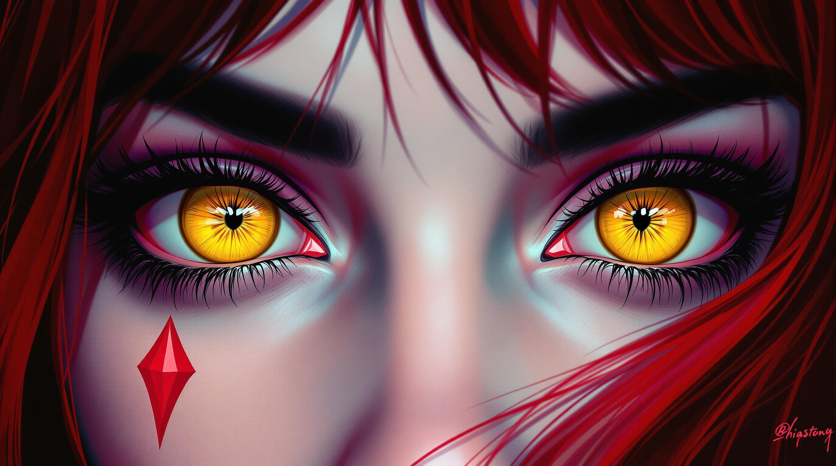 A closeup digital illustration of a person's eyes, showcasing striking yellow irises as the captivating center piece, rendered in a vibrant realistic dark gothic style with clean lines and exaggerated features. The digital painting features smooth color blending, cool-toned hues, and dark red hair that starkly contrasts the warm yellow eyes, while black eyelashes and stylized red diamond shapes near the lower lash line add depth and drama. Shading and highlights create a vivid, three-dimensional effect, making the eyes appear to leap off the canvas.