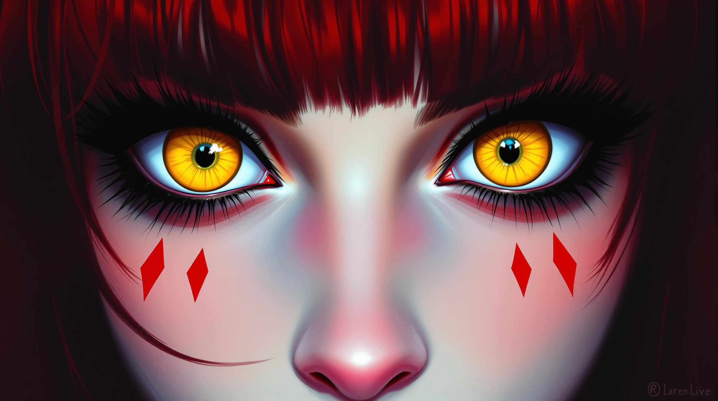 A closeup digital illustration of a person's eyes, centered on striking yellow irises that captivate with their intensity, rendered in a vibrant, realistic dark gothic style with clean lines and exaggerated features. The digital painting showcases smooth color blending, cool-toned hues, and dark red hair that sharply contrasts the warm yellow eyes, complemented by bold black eyelashes and stylized red diamond shapes beneath the lower lash line for added drama. Intricate shading and highlights create a vivid, three-dimensional effect, making the eyes seem to pierce through the canvas.