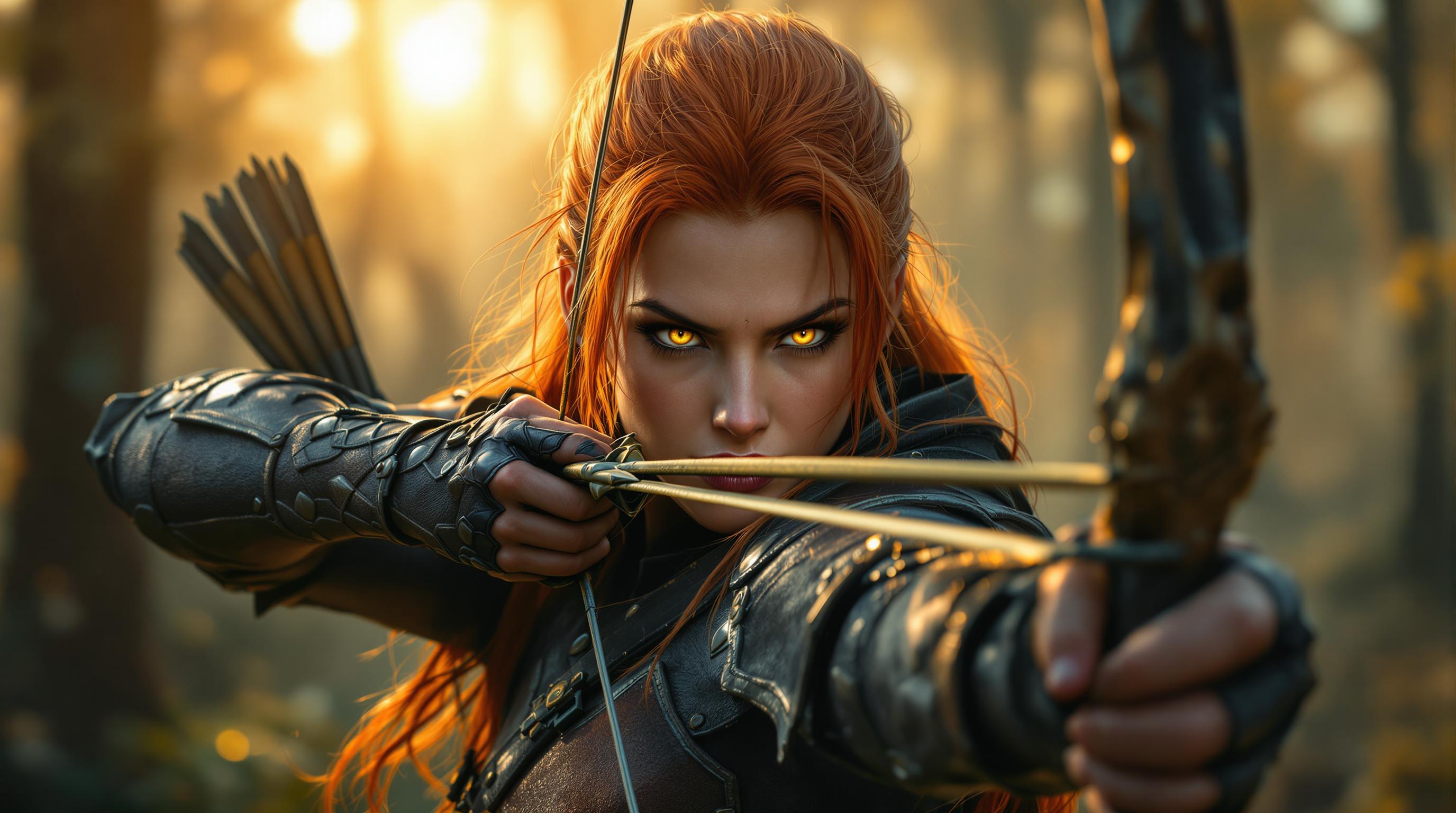 A stunning 8K PC wallpaper featuring a fierce red-haired archer with striking yellow eyes, intently aiming her bow with precision. She stands in a misty forest at dawn, with soft golden sunlight filtering through the trees, casting cinematic lighting across her detailed leather armor and intricate bow. Captured as a hyper-realistic digital painting with meticulous textures, vibrant color depth, and a subtle bokeh background, this image exudes intensity and focus.