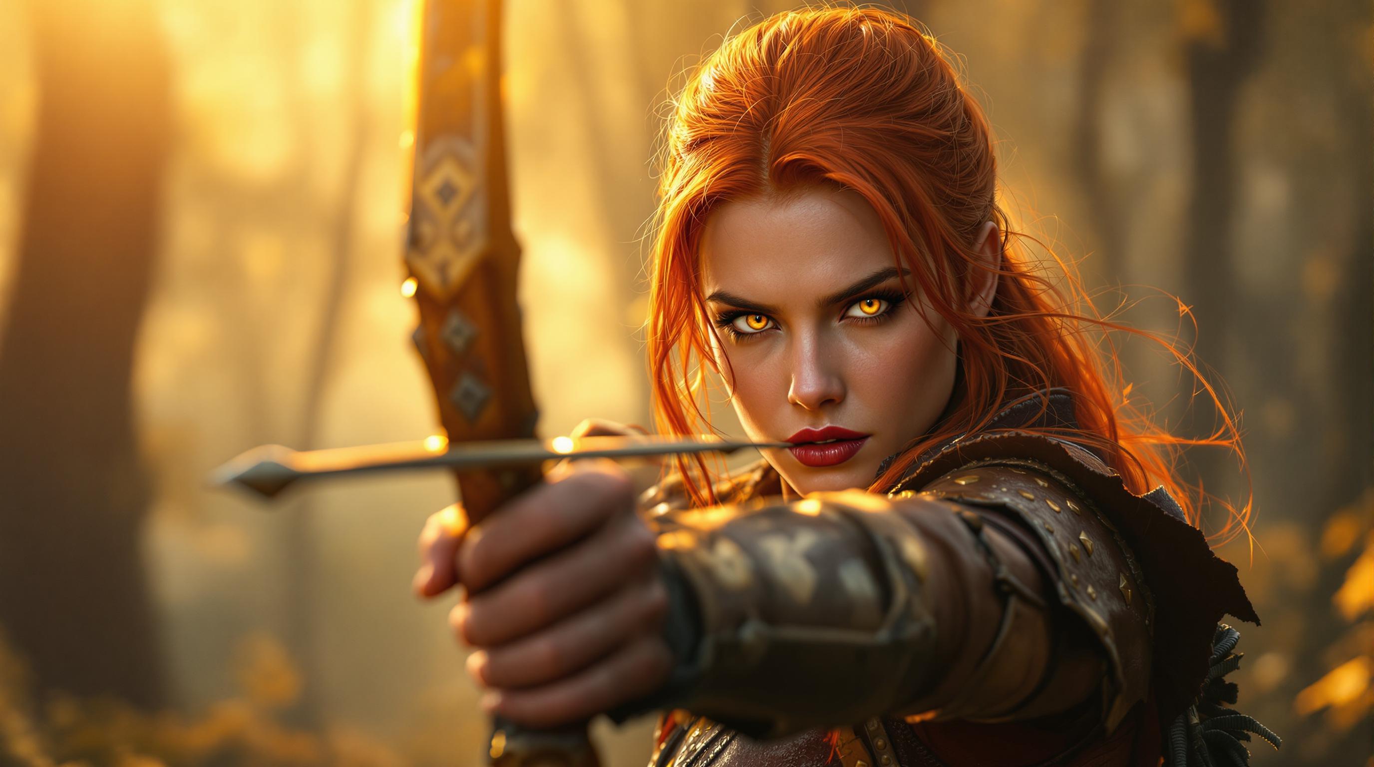 A stunning 8K PC wallpaper featuring a fierce red-haired archer with striking yellow eyes, intently aiming her bow with precision. She stands in a misty forest at dawn, with soft golden sunlight filtering through the trees, casting cinematic lighting across her detailed leather armor and intricate bow. Captured as a hyper-realistic digital painting with meticulous textures, vibrant color depth, and a subtle bokeh background, this image exudes intensity and focus.