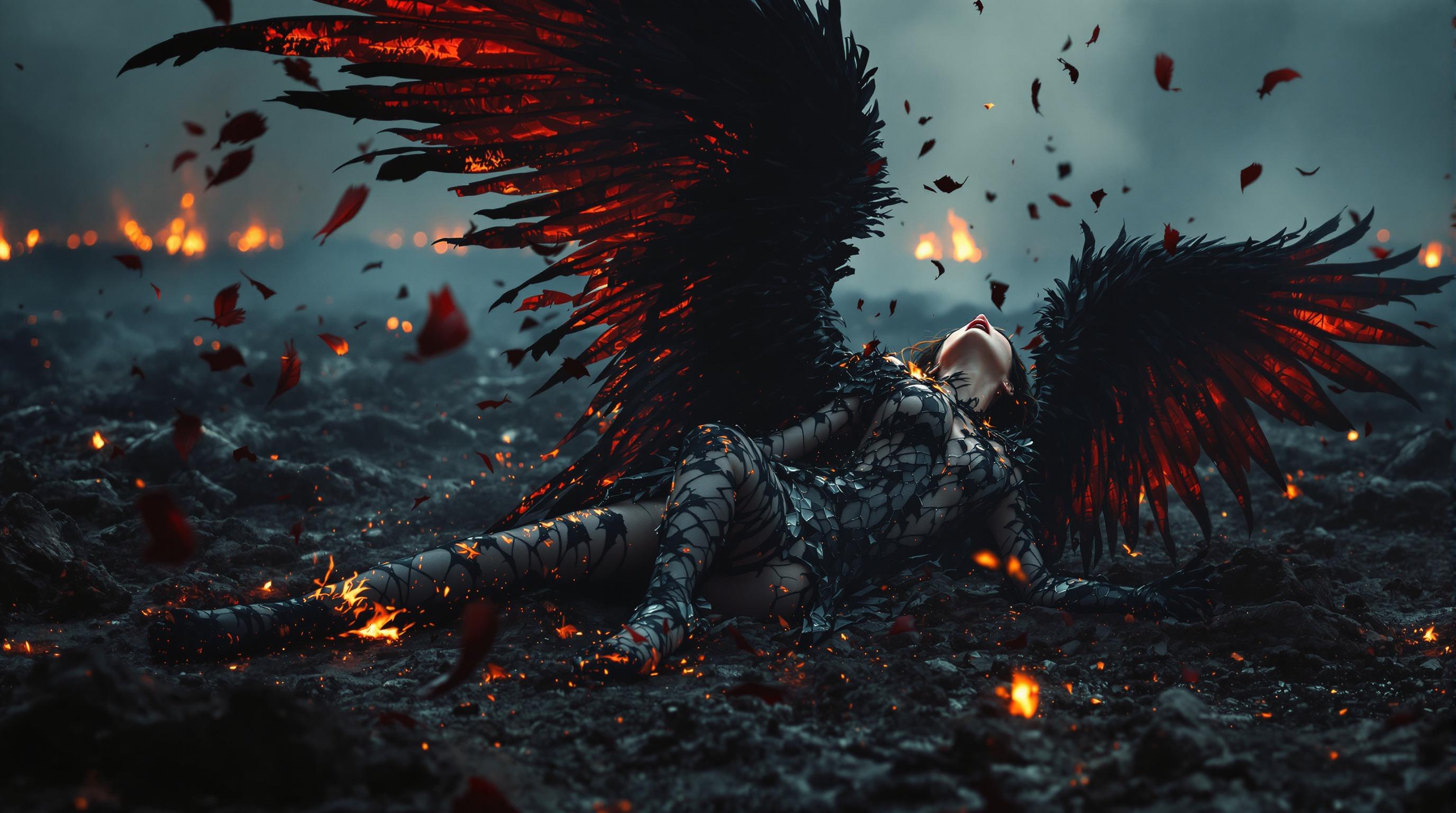 A highly detailed 8K wallpaper of a fallen angel, a female figure screaming in agonizing pain, collapsed on the scorched earth, her black and red wings crumbling into tattered fragments. Feathers drift hauntingly through the smoky, dark-themed atmosphere, illuminated by faint, eerie embers, while burnt bodies lie scattered across the desolate background. The scene is captured with cinematic lighting, sharp textures, and a dramatic, somber color palette, evoking raw emotion and despair.