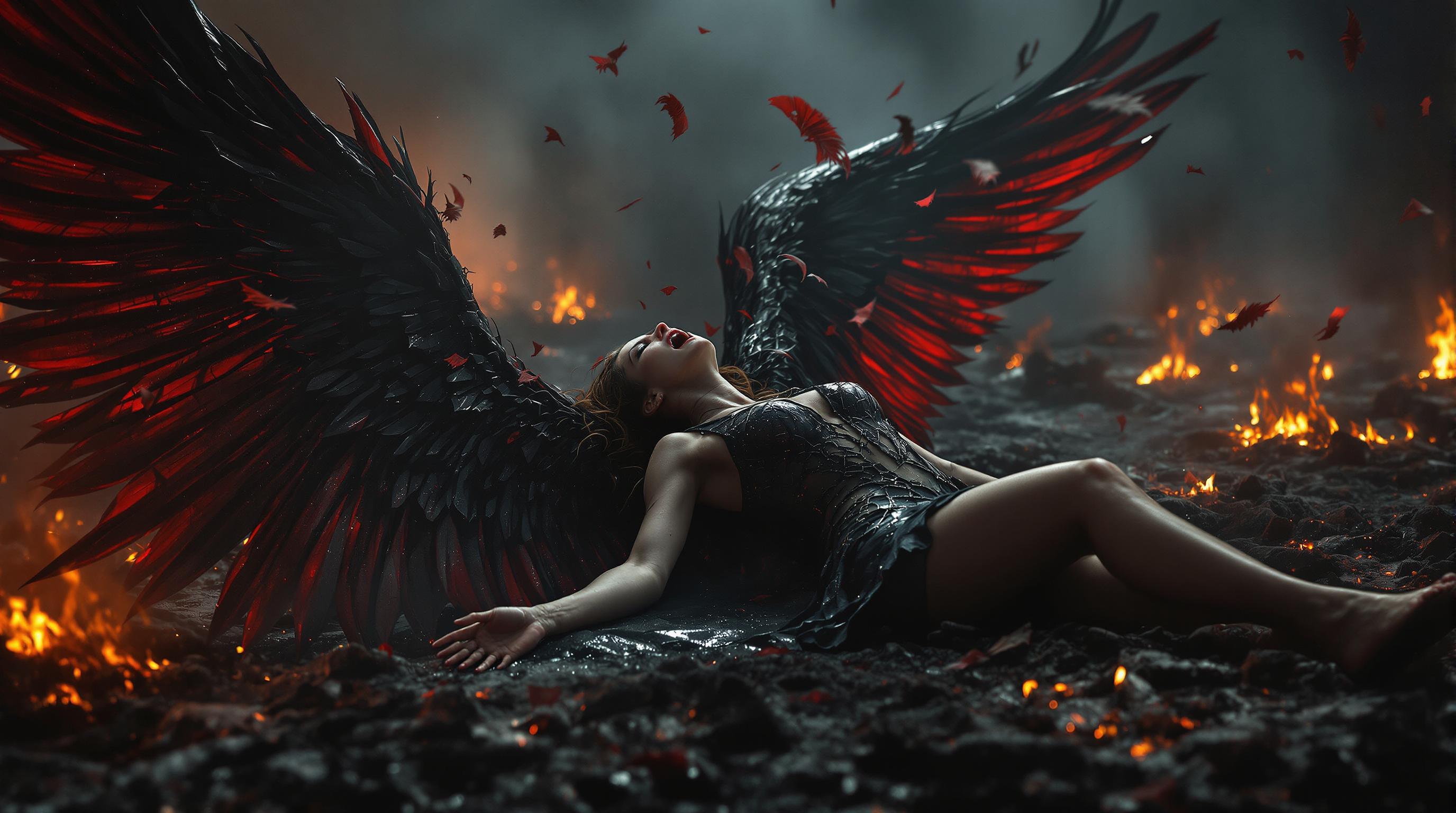A highly detailed 8K wallpaper of a fallen angel, a female figure screaming in agonizing pain, collapsed on the scorched earth, her black and red wings crumbling into tattered fragments. Feathers drift hauntingly through the smoky, dark-themed atmosphere, illuminated by faint, eerie embers, while burnt bodies lie scattered across the desolate background. The scene is captured with cinematic lighting, sharp textures, and a dramatic, somber color palette, evoking raw emotion and despair.