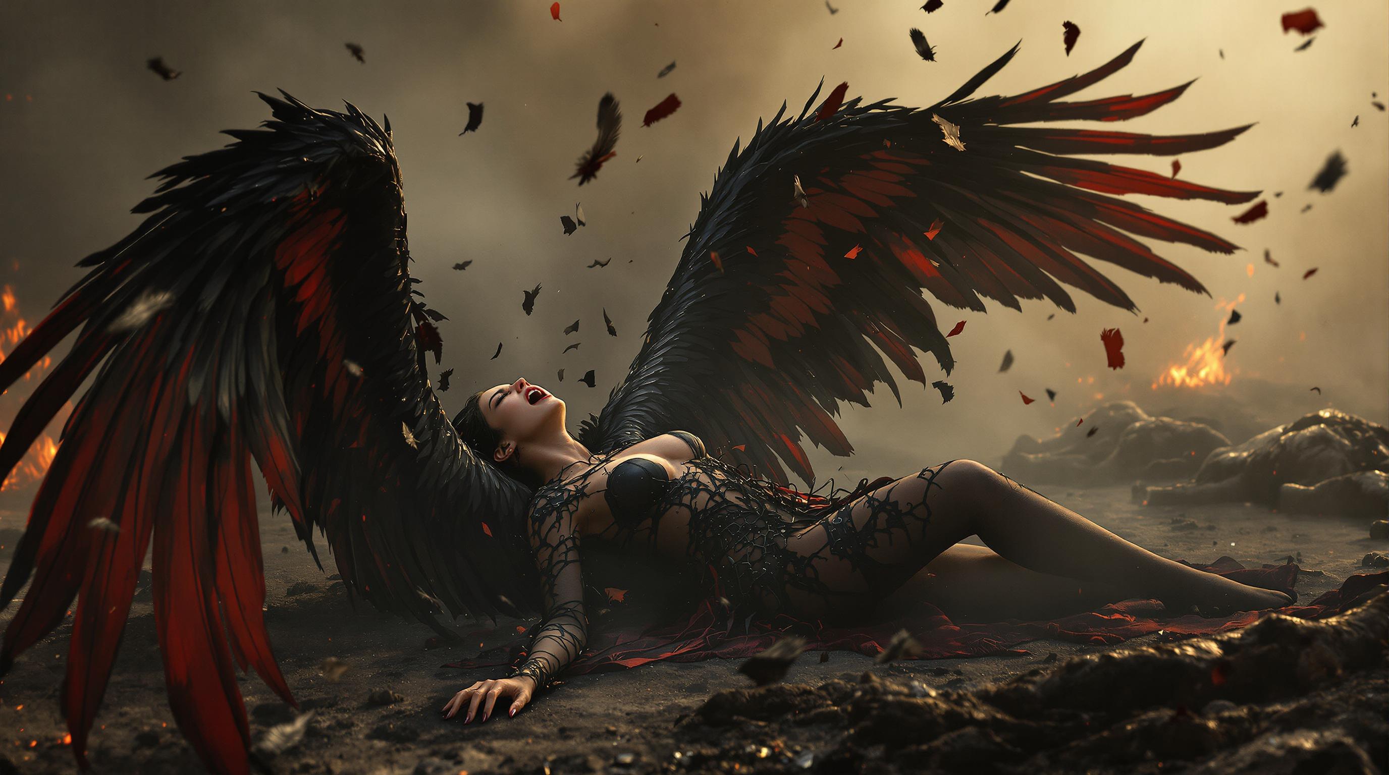 A highly detailed 8K wallpaper of a fallen angel, a female figure screaming in agonizing pain, collapsed on the scorched earth, her black and red wings crumbling into tattered fragments. Feathers drift hauntingly through the smoky, dark-themed atmosphere, illuminated by faint, eerie embers, while burnt bodies lie scattered across the desolate background. The scene is captured with cinematic lighting, sharp textures, and a dramatic, somber color palette, evoking raw emotion and despair.