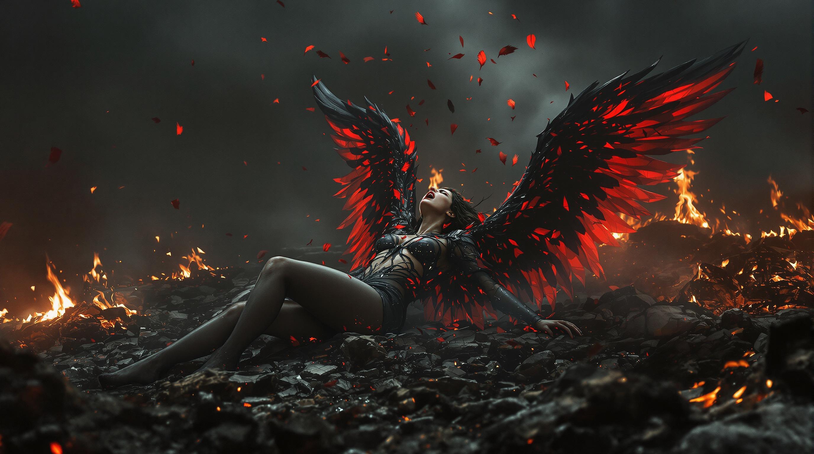 A breathtaking 8K wallpaper depicting a fallen angel, a female figure screaming in agonizing pain, collapsed on scorched earth, her black and red wings crumbling into tattered, broken fragments as feathers drift hauntingly through a smoky, dark atmosphere. Illuminated by faint, eerie embers, the scene reveals burnt bodies scattered across a desolate background, captured with cinematic lighting, sharp textures, and a dramatic, somber color palette that evokes raw emotion and despair.