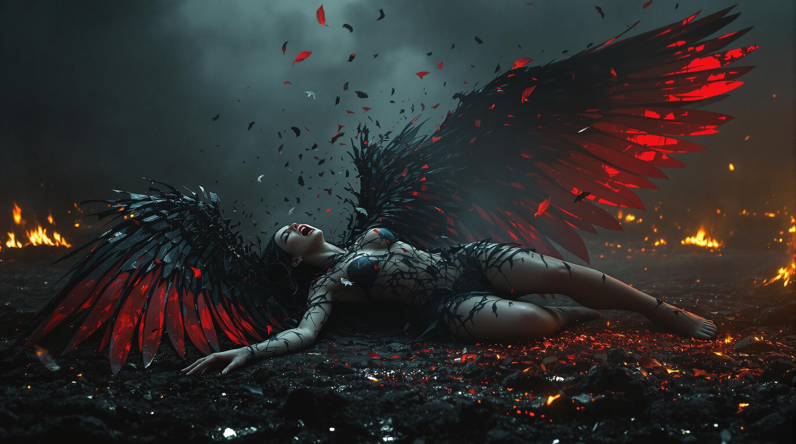 A breathtaking 8K wallpaper depicting a fallen angel, a female figure screaming in agonizing pain, collapsed on scorched earth, her black and red wings crumbling into tattered, broken fragments as feathers drift hauntingly through a smoky, dark atmosphere. Illuminated by faint, eerie embers, the scene reveals burnt bodies scattered across a desolate background, captured with cinematic lighting, sharp textures, and a dramatic, somber color palette that evokes raw emotion and despair.