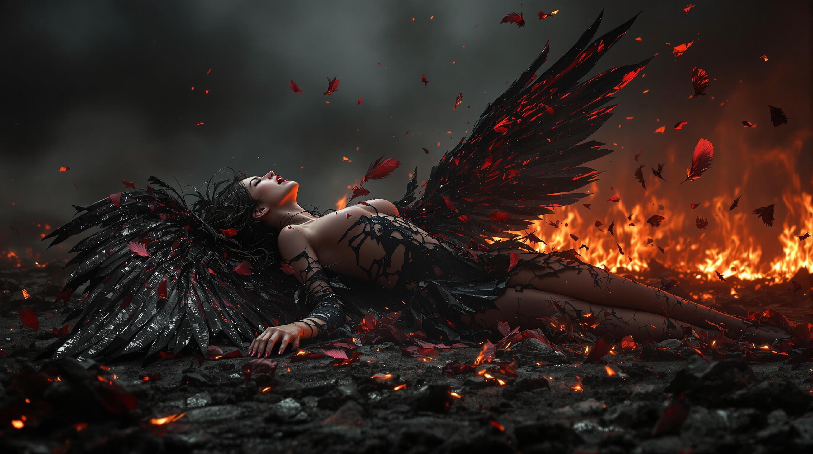 A breathtaking 8K wallpaper depicting a fallen angel, a female figure screaming in agonizing pain, collapsed on scorched earth, her black and red wings crumbling into tattered, broken fragments as feathers drift hauntingly through a smoky, dark atmosphere. Illuminated by faint, eerie embers, the scene reveals burnt bodies scattered across a desolate background, captured with cinematic lighting, sharp textures, and a dramatic, somber color palette that evokes raw emotion and despair.