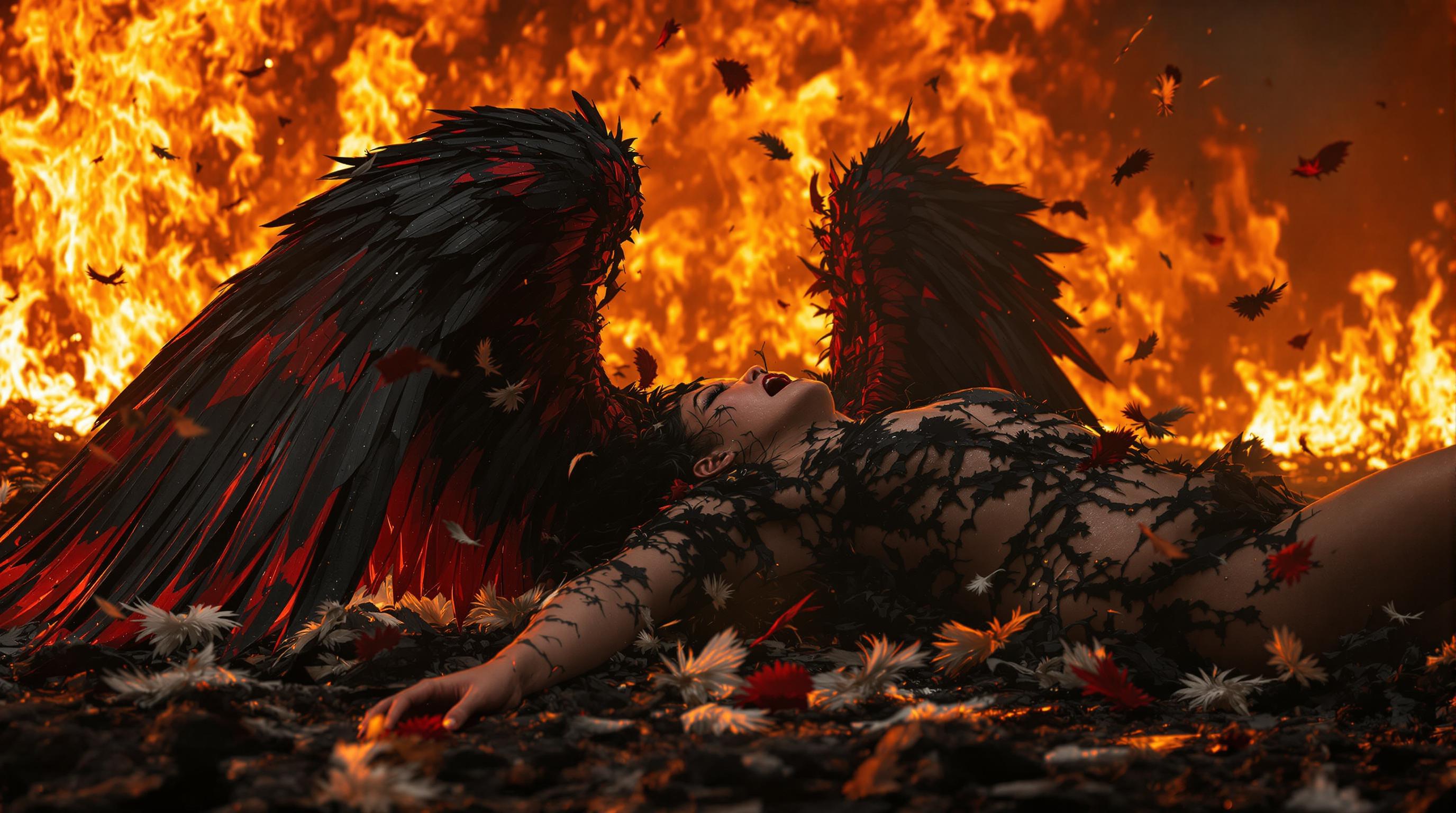 A stunning 8K wallpaper captures a fallen angel, a female figure screaming in agonizing pain, collapsed on scorched earth with flames raging in the background. Her broken black and red wings crumble, feathers falling around her, while her tattered clothes cling to her tormented form. The scene is bathed in dramatic, fiery lighting with deep shadows, rendered in photorealistic detail using a 50mm lens, emphasizing cinematic intensity and raw emotion.