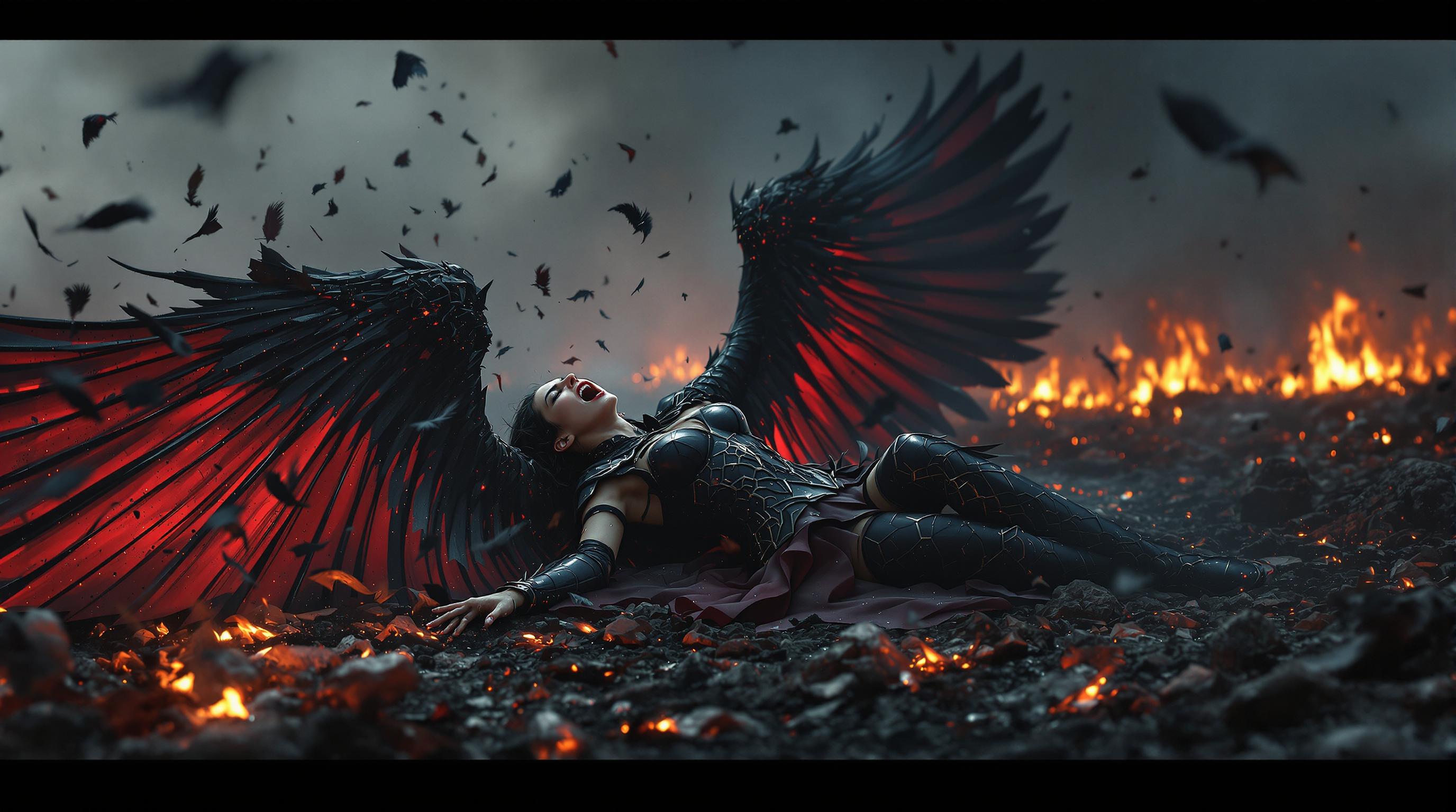 A breathtaking 8K wallpaper depicting a fallen valkyrie queen with her broken wings wearing her black and red armor, a female figure screaming in agonizing pain, collapsed on scorched earth, her black and red wings crumbling into tattered, broken fragments as feathers drift hauntingly through a smoky, dark atmosphere. Illuminated by faint, eerie embers, the scene reveals burnt bodies scattered across a desolate background, captured with cinematic lighting, sharp textures, and a dramatic, somber color palette that evokes raw emotion and despair.