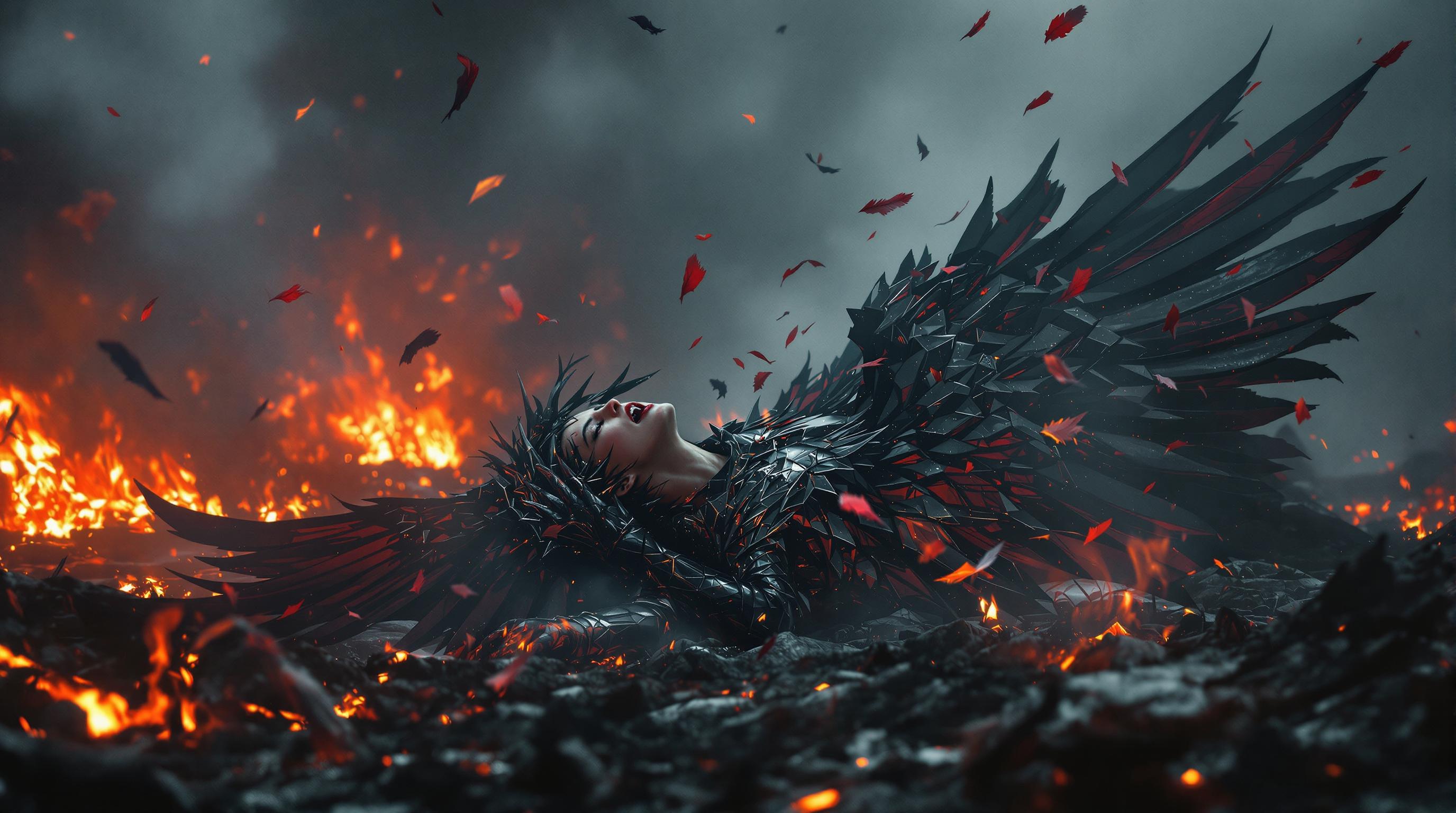 A breathtaking 8K wallpaper depicting a fallen valkyrie queen with her broken wings wearing her black and red armor, a female figure screaming in agonizing pain, collapsed on scorched earth, her black and red wings crumbling into tattered, broken fragments as feathers drift hauntingly through a smoky, dark atmosphere. Illuminated by faint, eerie embers, the scene reveals burnt bodies scattered across a desolate background, captured with cinematic lighting, sharp textures, and a dramatic, somber color palette that evokes raw emotion and despair.