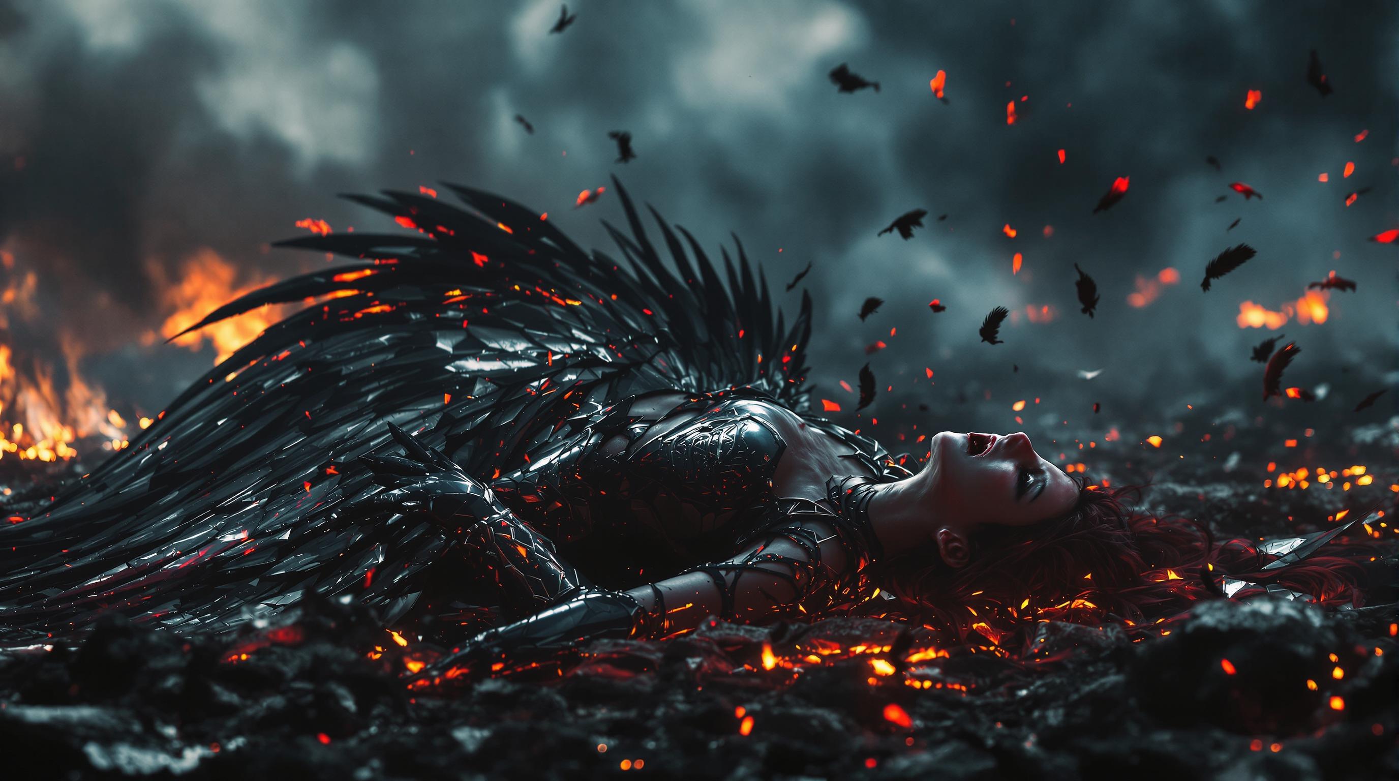 A stunning 8K wallpaper captures a fallen valkyrie queen, a female figure screaming in agonizing pain, collapsed on scorched earth, her black and red armor gleaming under faint, eerie embers. Her broken black and red wings crumble into tattered fragments, with feathers drifting hauntingly through a smoky, dark atmosphere, while burnt bodies litter the desolate background. The scene is rendered with cinematic lighting, sharp textures, and a dramatic, somber color palette, evoking raw emotion and despair.
