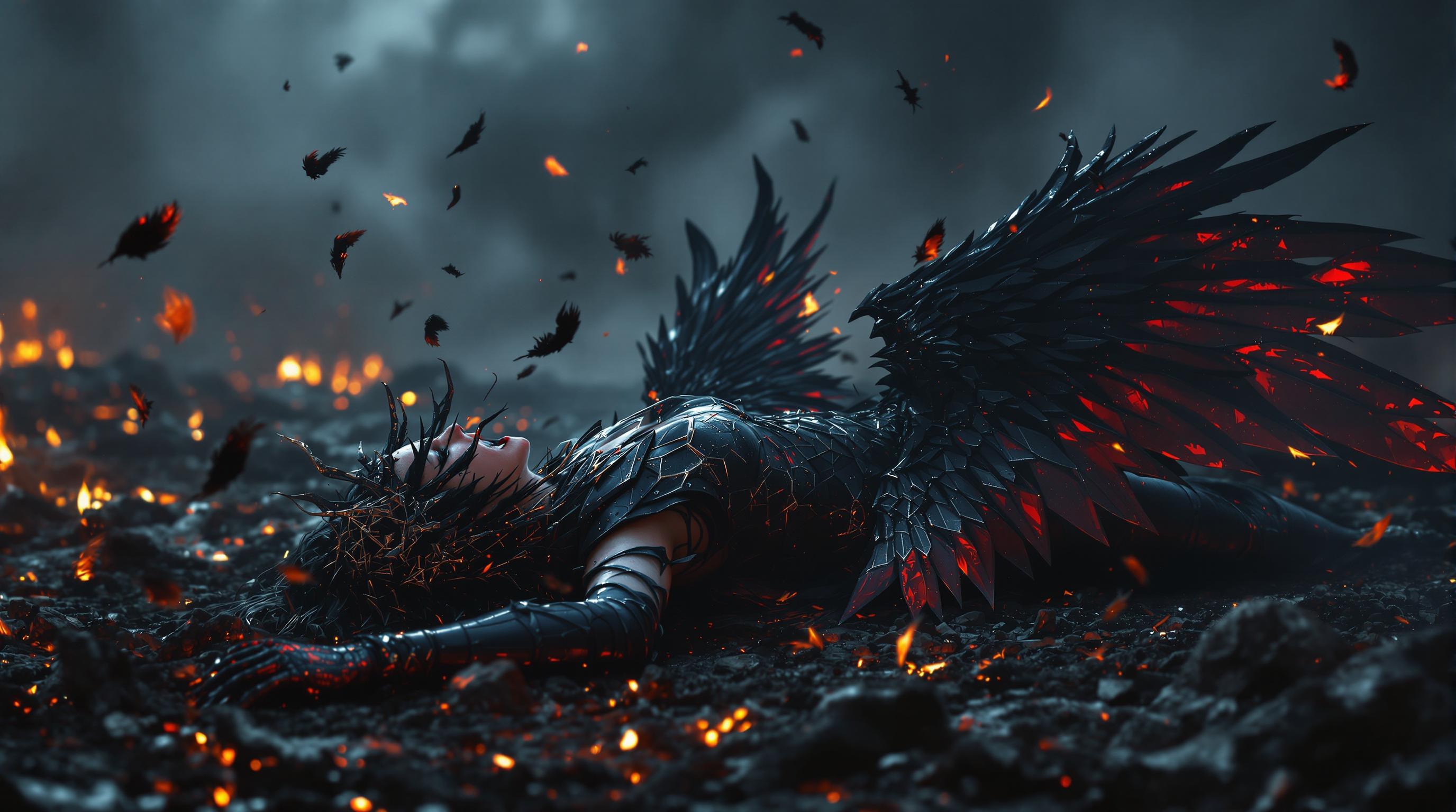 A stunning 8K wallpaper captures a fallen valkyrie queen, a female figure screaming in agonizing pain, collapsed on scorched earth, her black and red armor gleaming under faint, eerie embers. Her broken black and red wings crumble into tattered fragments, with feathers drifting hauntingly through a smoky, dark atmosphere, while burnt bodies litter the desolate background. The scene is rendered with cinematic lighting, sharp textures, and a dramatic, somber color palette, evoking raw emotion and despair.