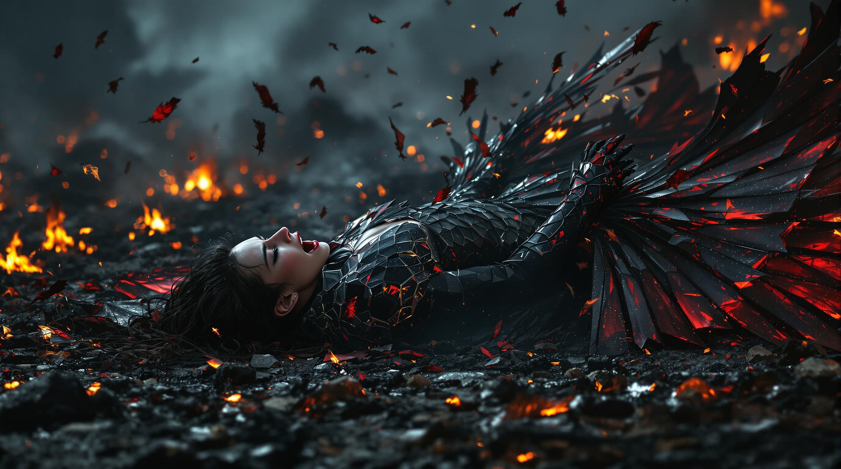 A stunning 8K wallpaper captures a fallen valkyrie queen, a female figure screaming in agonizing pain, collapsed on scorched earth, her black and red armor gleaming under faint, eerie embers. Her broken black and red wings crumble into tattered fragments, with feathers drifting hauntingly through a smoky, dark atmosphere, while burnt bodies litter the desolate background. The scene is rendered with cinematic lighting, sharp textures, and a dramatic, somber color palette, evoking raw emotion and despair.
