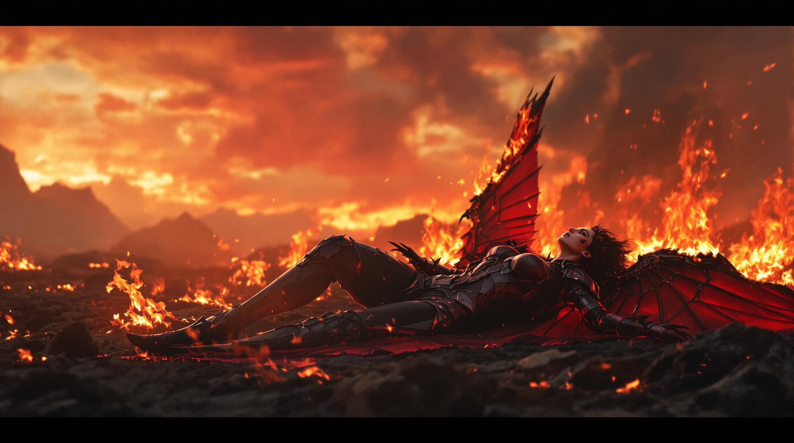 A breathtaking 8K wallpaper showcases a fallen valkyrie queen, clad in striking black and red armor, her tattered wings spread beneath her as she lies on scorched earth. Surrounding her, fierce flames engulf the desolate, burning landscape under a smoky, crimson-hued sky at dusk. Captured with cinematic lighting and a 50mm lens, the image reveals intricate details of her armor and the intense emotion of defeat in ultra-realistic, photorealistic quality.