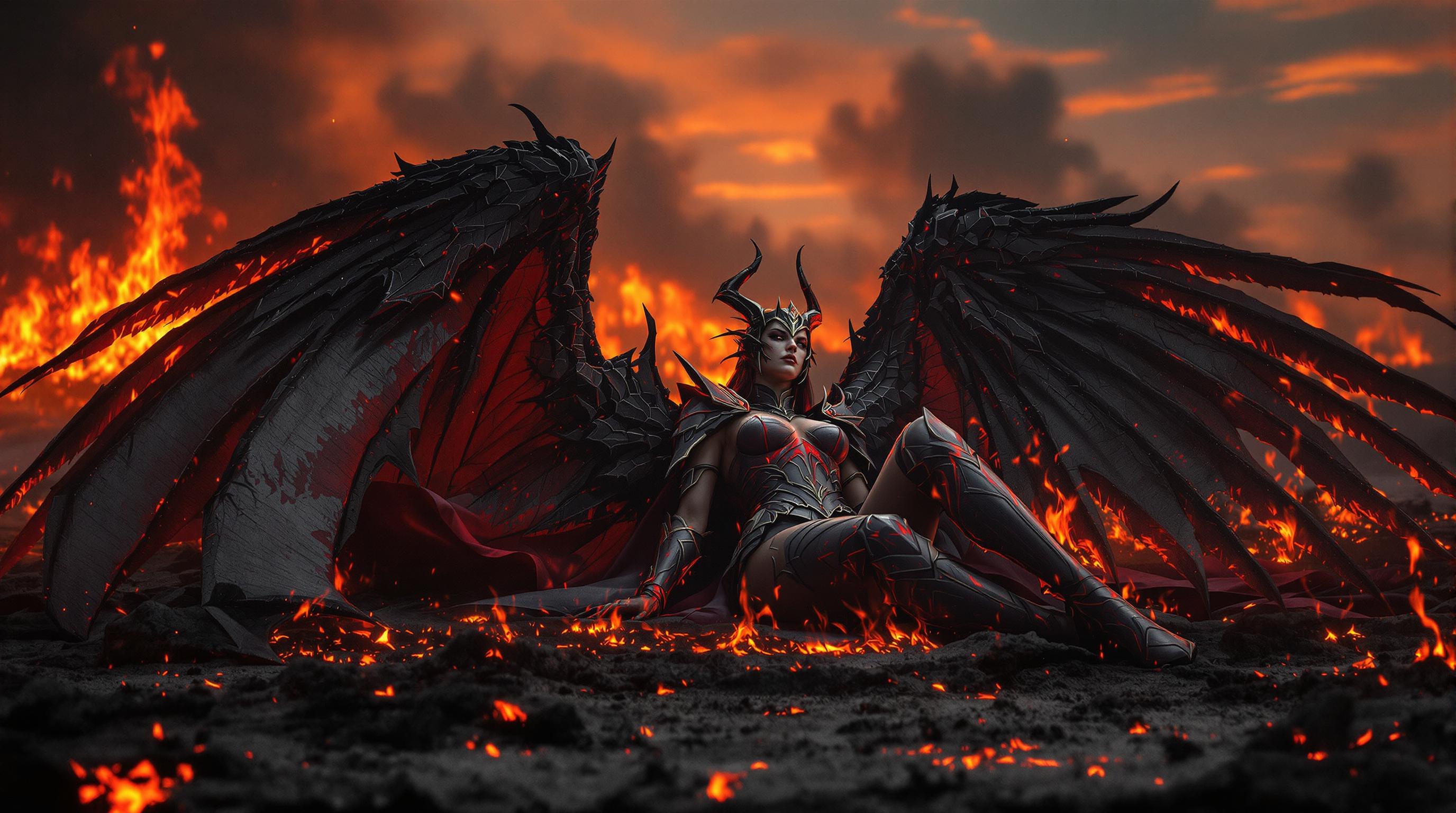 A breathtaking 8K wallpaper showcases a fallen valkyrie queen, clad in striking black and red armor, her tattered wings spread beneath her as she lies on scorched earth. Surrounding her, fierce flames engulf the desolate, burning landscape under a smoky, crimson-hued sky at dusk. Captured with cinematic lighting and a 50mm lens, the image reveals intricate details of her armor and the intense emotion of defeat in ultra-realistic, photorealistic quality.