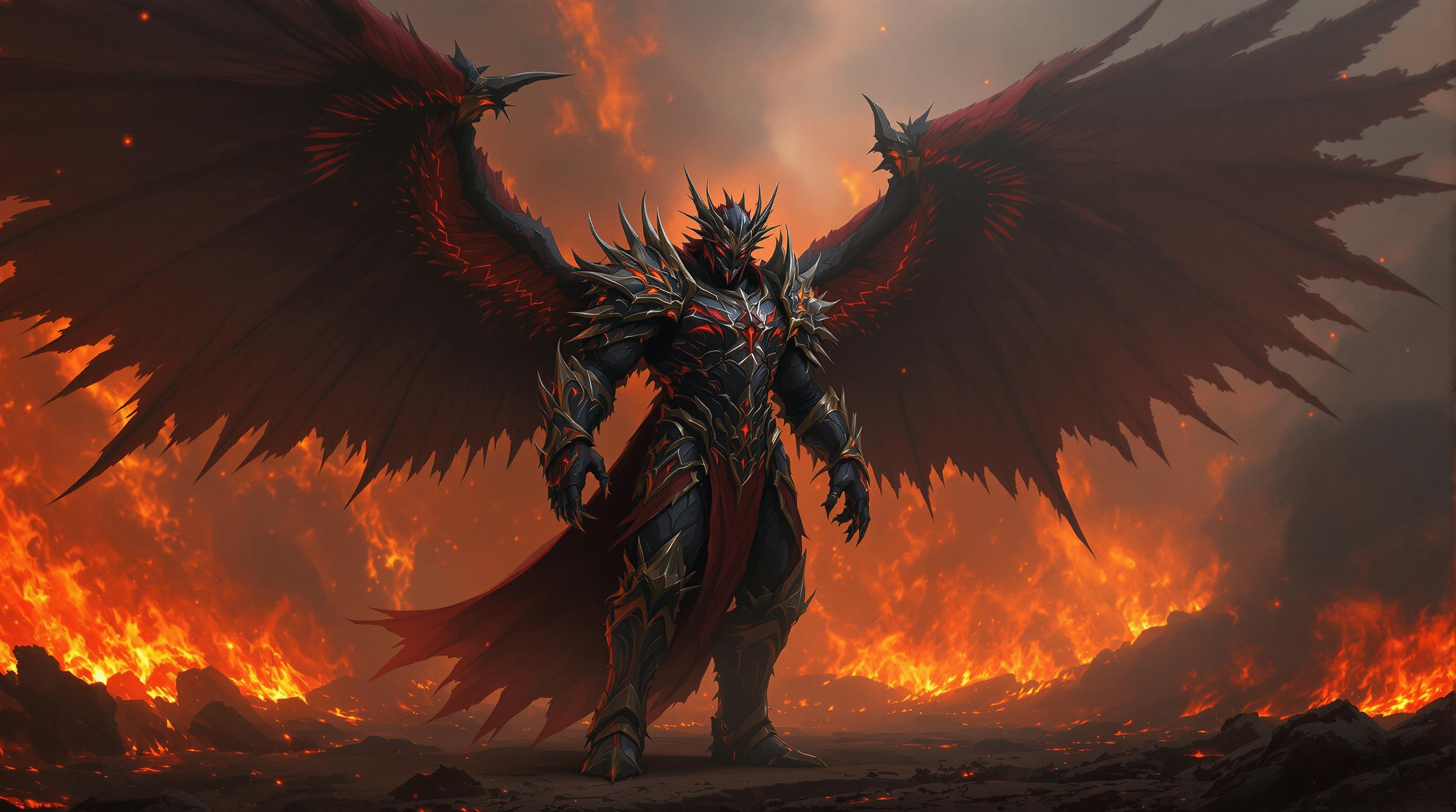 This image is a digital artwork that depicts a female character with a powerful presence, set against a dramatic backdrop of fire and destruction. The art style is fantasy, with a cinematic quality that suggests it could be a concept art piece for a video game or movie.The medium appears to be a highresolution digital painting, utilizing advanced rendering techniques to create a realistic yet stylized representation of the scene. The lighting and shadow play a significant role in the artwork, with a focus on dramatic contrasts and highlights that give the image a sense of depth and movement.The colors in the image are rich and vibrant, with a predominance of fiery oranges, reds, and yellows that convey a sense of heat and chaos. The characters armor and wings are primarily black with red detailing, which stands out against the fiery background. The use of color gradients and highlights on the characters armor and wings adds to the threedimensional effect, making them appear as if they are made of molten metal.The objects in the image include the character themselves, who is adorned in intricate armor with spiked protrusions and winglike appendages. The armor is detailed with red and gold accents that suggest a regal or noble status. The characters wings are expansive and feathered, with jagged edges that add to the menacing aura. They are spread out behind the character, implying a sense of power and majesty.In the background, there is a vast expanse of fire, with flames of various sizes and intensities. The fire is depicted with a realistic texture and glow, with smoke rising into the sky, creating a sense of depth and distance. The ground is covered in embers and ash, further emphasizing the destructive nature of the scene.Overall, the image conveys a strong sense of fantasy, power, and drama, with a focus on the interplay between the character and their environment. The use of color, lighting, and composition creates a compelling visual narrative that draws the viewer into the scene.