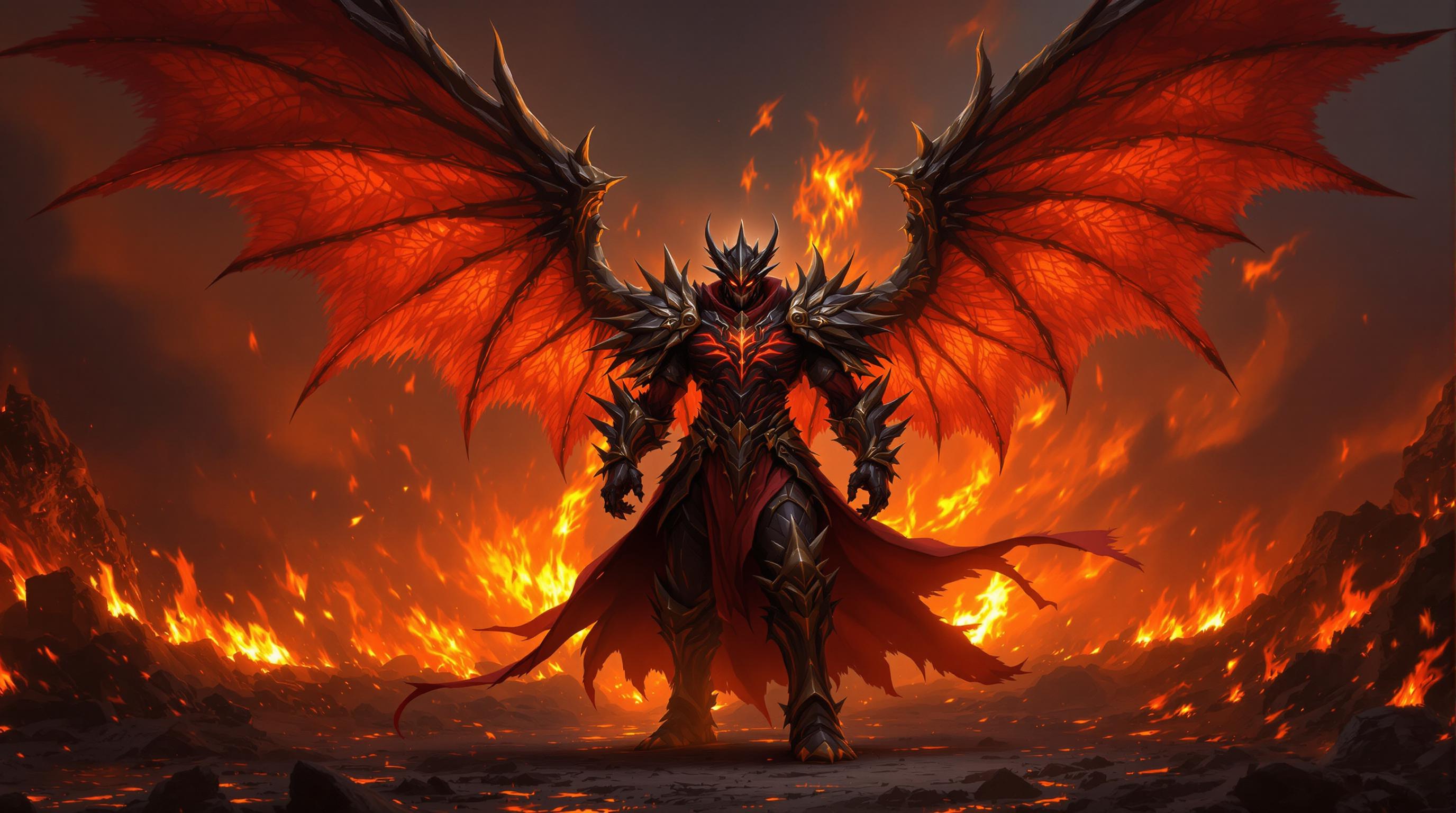 This image is a digital artwork that depicts a female character with a powerful presence, set against a dramatic backdrop of fire and destruction. The art style is fantasy, with a cinematic quality that suggests it could be a concept art piece for a video game or movie.The medium appears to be a highresolution digital painting, utilizing advanced rendering techniques to create a realistic yet stylized representation of the scene. The lighting and shadow play a significant role in the artwork, with a focus on dramatic contrasts and highlights that give the image a sense of depth and movement.The colors in the image are rich and vibrant, with a predominance of fiery oranges, reds, and yellows that convey a sense of heat and chaos. The characters armor and wings are primarily black with red detailing, which stands out against the fiery background. The use of color gradients and highlights on the characters armor and wings adds to the threedimensional effect, making them appear as if they are made of molten metal.The objects in the image include the character themselves, who is adorned in intricate armor with spiked protrusions and winglike appendages. The armor is detailed with red and gold accents that suggest a regal or noble status. The characters wings are expansive and feathered, with jagged edges that add to the menacing aura. They are spread out behind the character, implying a sense of power and majesty.In the background, there is a vast expanse of fire, with flames of various sizes and intensities. The fire is depicted with a realistic texture and glow, with smoke rising into the sky, creating a sense of depth and distance. The ground is covered in embers and ash, further emphasizing the destructive nature of the scene.Overall, the image conveys a strong sense of fantasy, power, and drama, with a focus on the interplay between the character and their environment. The use of color, lighting, and composition creates a compelling visual narrative that draws the viewer into the scene.