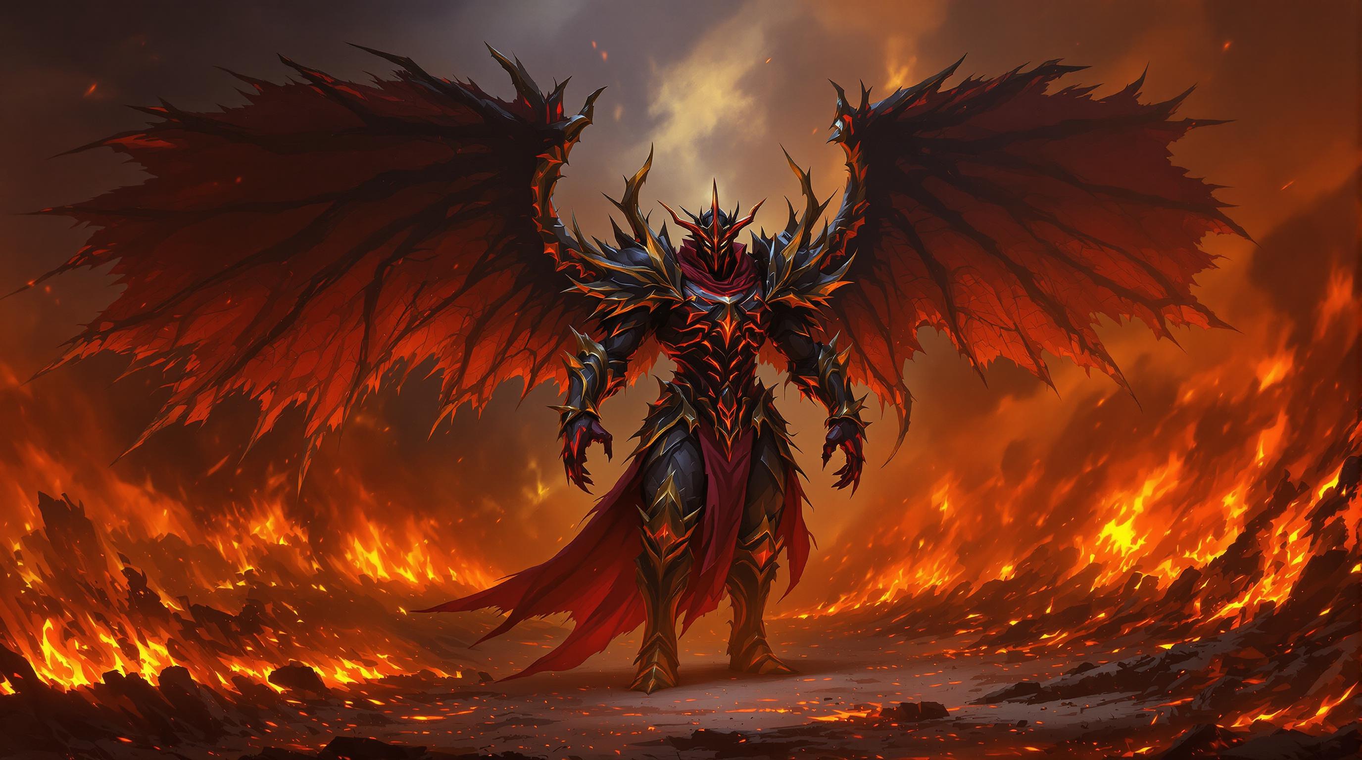 This image is a digital artwork that depicts a female character with a powerful presence, set against a dramatic backdrop of fire and destruction. The art style is fantasy, with a cinematic quality that suggests it could be a concept art piece for a video game or movie.The medium appears to be a highresolution digital painting, utilizing advanced rendering techniques to create a realistic yet stylized representation of the scene. The lighting and shadow play a significant role in the artwork, with a focus on dramatic contrasts and highlights that give the image a sense of depth and movement.The colors in the image are rich and vibrant, with a predominance of fiery oranges, reds, and yellows that convey a sense of heat and chaos. The characters armor and wings are primarily black with red detailing, which stands out against the fiery background. The use of color gradients and highlights on the characters armor and wings adds to the threedimensional effect, making them appear as if they are made of molten metal.The objects in the image include the character themselves, who is adorned in intricate armor with spiked protrusions and winglike appendages. The armor is detailed with red and gold accents that suggest a regal or noble status. The characters wings are expansive and feathered, with jagged edges that add to the menacing aura. They are spread out behind the character, implying a sense of power and majesty.In the background, there is a vast expanse of fire, with flames of various sizes and intensities. The fire is depicted with a realistic texture and glow, with smoke rising into the sky, creating a sense of depth and distance. The ground is covered in embers and ash, further emphasizing the destructive nature of the scene.Overall, the image conveys a strong sense of fantasy, power, and drama, with a focus on the interplay between the character and their environment. The use of color, lighting, and composition creates a compelling visual narrative that draws the viewer into the scene.