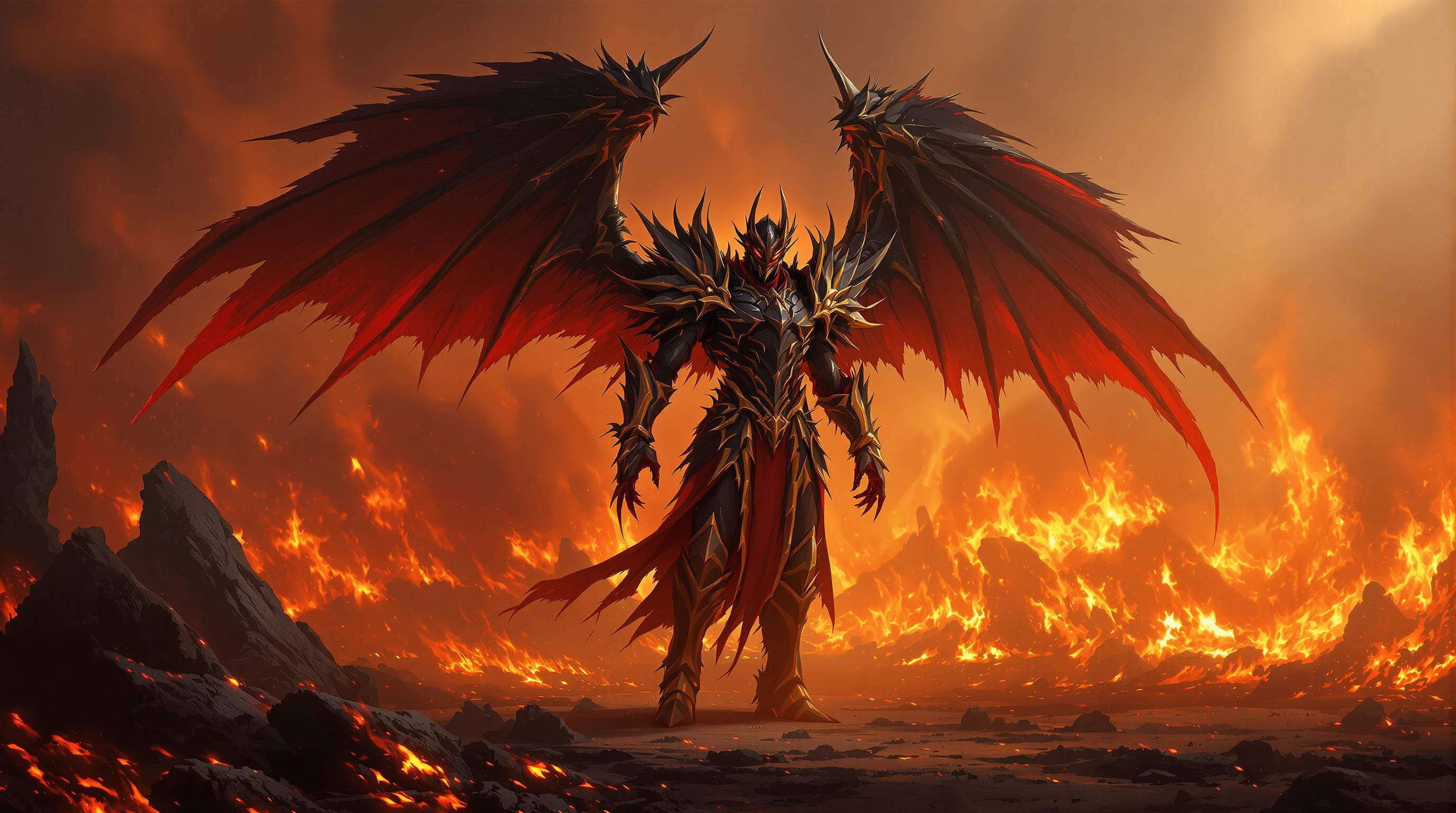 This image is a digital artwork that depicts a female character with a powerful presence, set against a dramatic backdrop of fire and destruction. The art style is fantasy, with a cinematic quality that suggests it could be a concept art piece for a video game or movie.The medium appears to be a highresolution digital painting, utilizing advanced rendering techniques to create a realistic yet stylized representation of the scene. The lighting and shadow play a significant role in the artwork, with a focus on dramatic contrasts and highlights that give the image a sense of depth and movement.The colors in the image are rich and vibrant, with a predominance of fiery oranges, reds, and yellows that convey a sense of heat and chaos. The characters armor and wings are primarily black with red detailing, which stands out against the fiery background. The use of color gradients and highlights on the characters armor and wings adds to the threedimensional effect, making them appear as if they are made of molten metal.The objects in the image include the character themselves, who is adorned in intricate armor with spiked protrusions and winglike appendages. The armor is detailed with red and gold accents that suggest a regal or noble status. The characters wings are expansive and feathered, with jagged edges that add to the menacing aura. They are spread out behind the character, implying a sense of power and majesty.In the background, there is a vast expanse of fire, with flames of various sizes and intensities. The fire is depicted with a realistic texture and glow, with smoke rising into the sky, creating a sense of depth and distance. The ground is covered in embers and ash, further emphasizing the destructive nature of the scene.Overall, the image conveys a strong sense of fantasy, power, and drama, with a focus on the interplay between the character and their environment. The use of color, lighting, and composition creates a compelling visual narrative that draws the viewer into the scene.