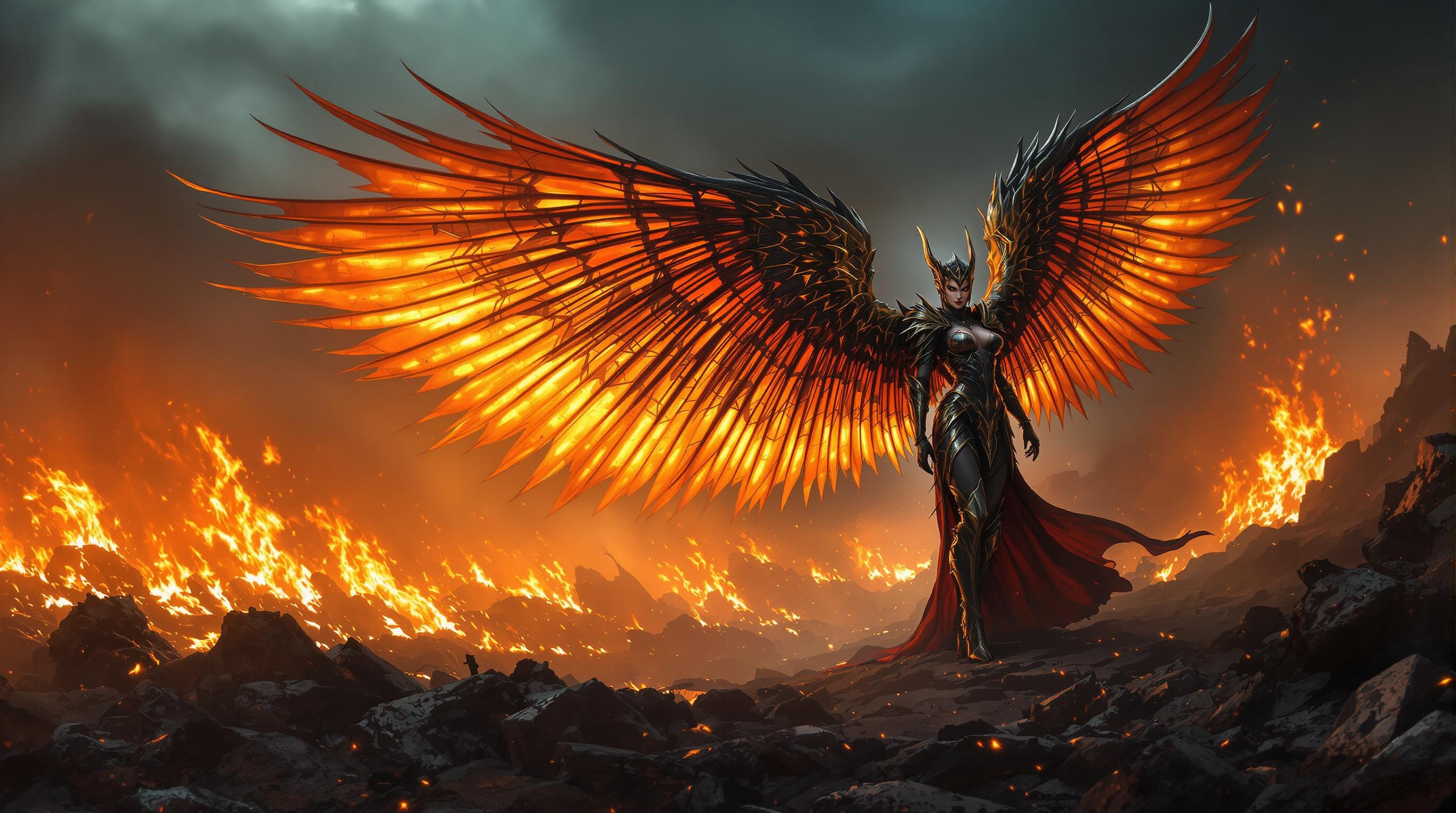 A powerful valkyrie queen stands off-center to the right in a cinematic high-fantasy scene, her expansive wings spread wide across the frame, exuding grandeur and scale against a fiery, chaotic landscape of embers and destruction. Dramatic, moody lighting with warm orange hues from a setting sun or blazing inferno highlights the intricate textures of her ornate gothic armor and wings, creating a striking chiaroscuro effect with a dark, smoky sky fading into cool blues. The composition uses negative space and her imposing silhouette to draw focus, delivering depth, tension, and a mythic sense of action in stunning 8K detail.