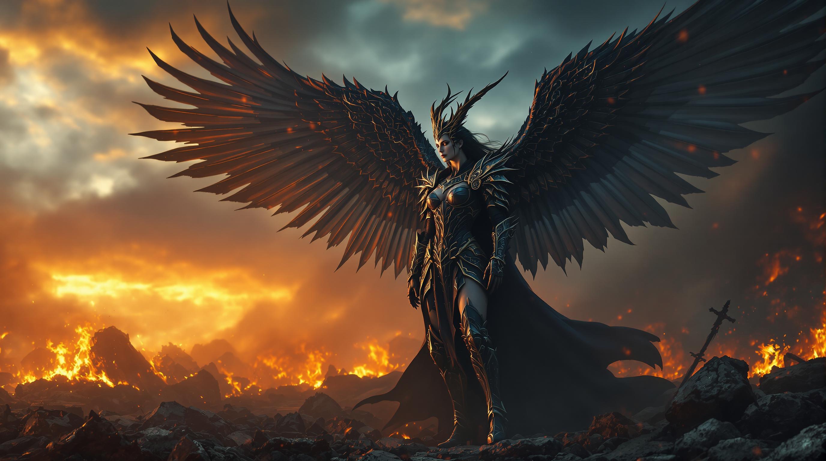 A powerful valkyrie queen stands off-center to the right in a cinematic high-fantasy scene, her expansive wings spread wide across the frame, exuding grandeur and scale against a fiery, chaotic landscape of embers and destruction. Dramatic, moody lighting with warm orange hues from a setting sun or blazing inferno highlights the intricate textures of her ornate gothic armor and wings, creating a striking chiaroscuro effect with a dark, smoky sky fading into cool blues. The composition uses negative space and her imposing silhouette to draw focus, delivering depth, tension, and a mythic sense of action in stunning 8K detail.