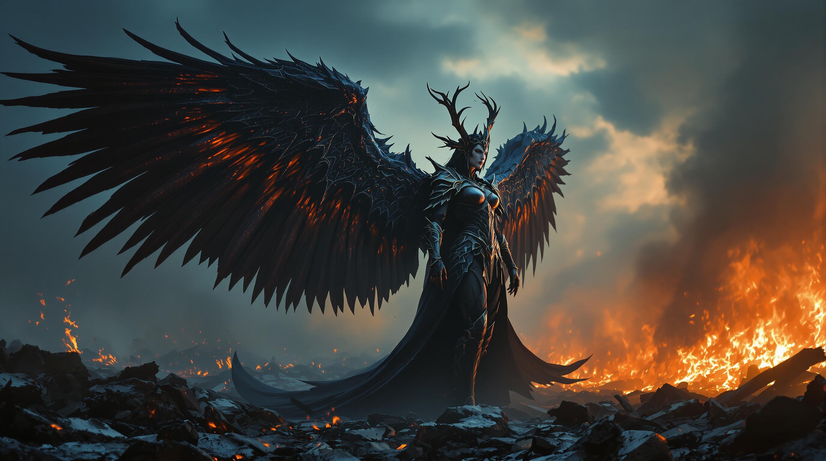 A powerful valkyrie queen stands off-center to the right in a cinematic high-fantasy scene, her expansive wings spread wide across the frame, exuding grandeur and scale against a fiery, chaotic landscape of embers and destruction. Dramatic, moody lighting with warm orange hues from a setting sun or blazing inferno highlights the intricate textures of her ornate gothic armor and wings, creating a striking chiaroscuro effect with a dark, smoky sky fading into cool blues. The composition uses negative space and her imposing silhouette to draw focus, delivering depth, tension, and a mythic sense of action in stunning 8K detail.