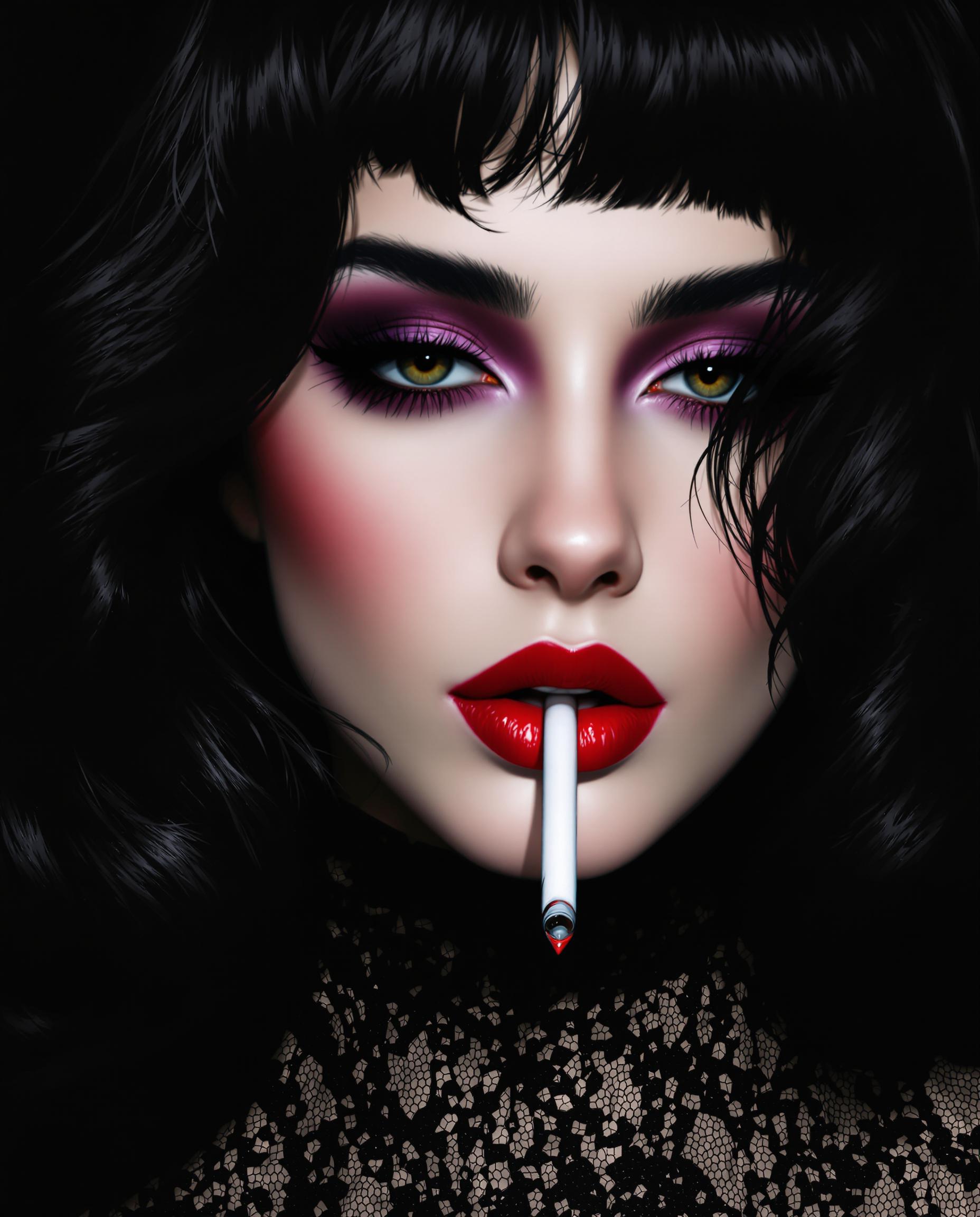 This is a closeup digital painting that captures the detailed features of a realistic photo (photograph) of a female real persons face and upper neck. The art style is highly stylized with a focus on dramatic contrasts and a three dimensional rendering that gives the image a lifelike quality. The medium appears to be digital painting software, as evidenced by the smooth blending of colors and the lack of texture that might be present in a traditional painting. The lighting and shadows are expertly rendered, creating a sense of depth and realism. The colors in the image are quite muted, with a predominance of black, white, and shades of gray. There are also touches of deep red on the lips and a hint of purple in the eyeshadow, which add a pop of color to the otherwise monochromatic scheme. The black and white elements of the image create a stark, almost gothic feel. The objects in the image are primarily the persons hair and a portion of their clothing and cigarette in her mouth smoking. The hair is dark and appears to be styled in a way that gives it volume and movement, with individual strands of hair rendered with great detail. The clothing is not fully visible, but what is seen is a black garment with a lace collar, which adds a touch of elegance to the overall dark aesthetic.The overall effect of the image is one of sophistication and mystery, with a strong emphasis on the subjects facial features and the interplay of light and shadow.
