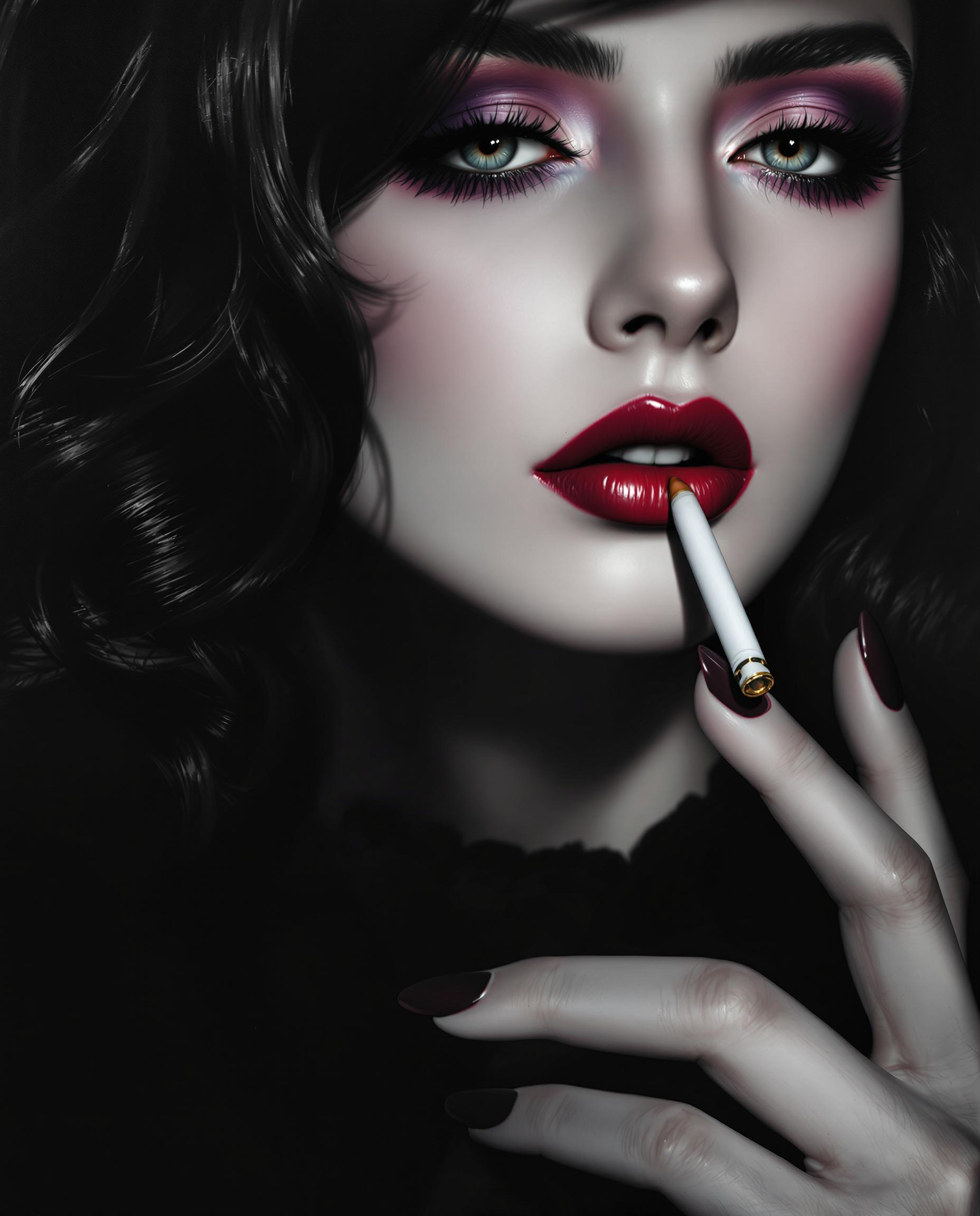 This is a closeup digital painting that captures the detailed features of a realistic photo (photograph) of a female real persons face and upper neck. The art style is highly stylized with a focus on dramatic contrasts and a three dimensional rendering that gives the image a lifelike quality. The medium appears to be digital painting software, as evidenced by the smooth blending of colors and the lack of texture that might be present in a traditional painting. The lighting and shadows are expertly rendered, creating a sense of depth and realism. The colors in the image are quite muted, with a predominance of black, white, and shades of gray. There are also touches of deep red on the lips and a hint of purple in the eyeshadow, which add a pop of color to the otherwise monochromatic scheme. The black and white elements of the image create a stark, almost gothic feel. The objects in the image are primarily the persons hair and a portion of their clothing and cigarette in her mouth smoking. The hair is dark and appears to be styled in a way that gives it volume and movement, with individual strands of hair rendered with great detail. The clothing is not fully visible, but what is seen is a black garment with a lace collar, which adds a touch of elegance to the overall dark aesthetic.The overall effect of the image is one of sophistication and mystery, with a strong emphasis on the subjects facial features and the interplay of light and shadow.