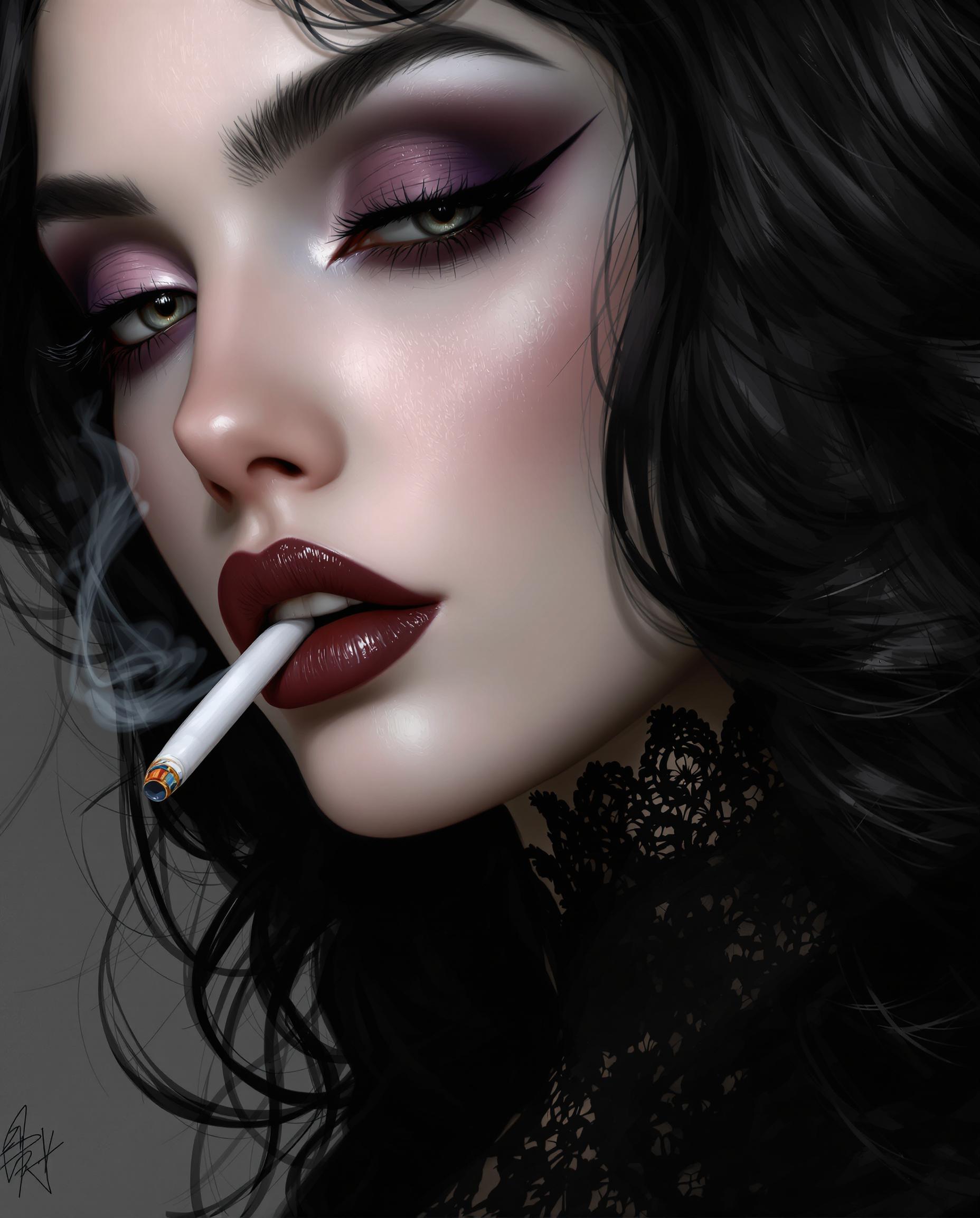A closeup digital painting of a realistic female face and upper neck, showcasing intricate details with a highly stylized approach, dramatic contrasts, and a three-dimensional, lifelike rendering. The artwork, crafted in digital painting software, features smooth color blending, muted tones of black, white, and gray, accented by deep red lips and subtle purple eyeshadow, creating a gothic, sophisticated mood. Expertly rendered lighting and shadows highlight the subject's voluminous dark hair, elegant black lace collar, and a cigarette in her mouth, with an interplay of light and mystery.